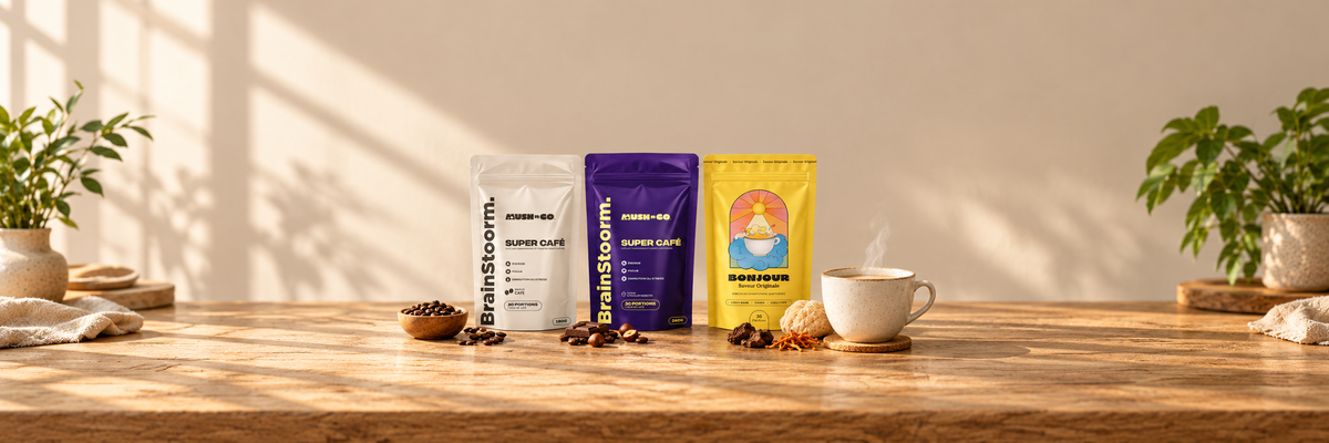 Café adaptogène Brainstoorm et Bonjour, paquets entiers et tasse
