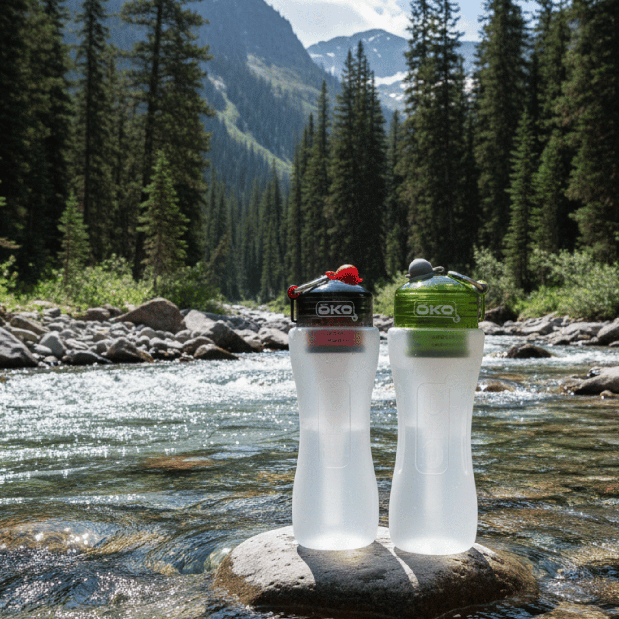 Gourde filtrante de la marque oko vendu par terrame pour boire l'eau de la rivière