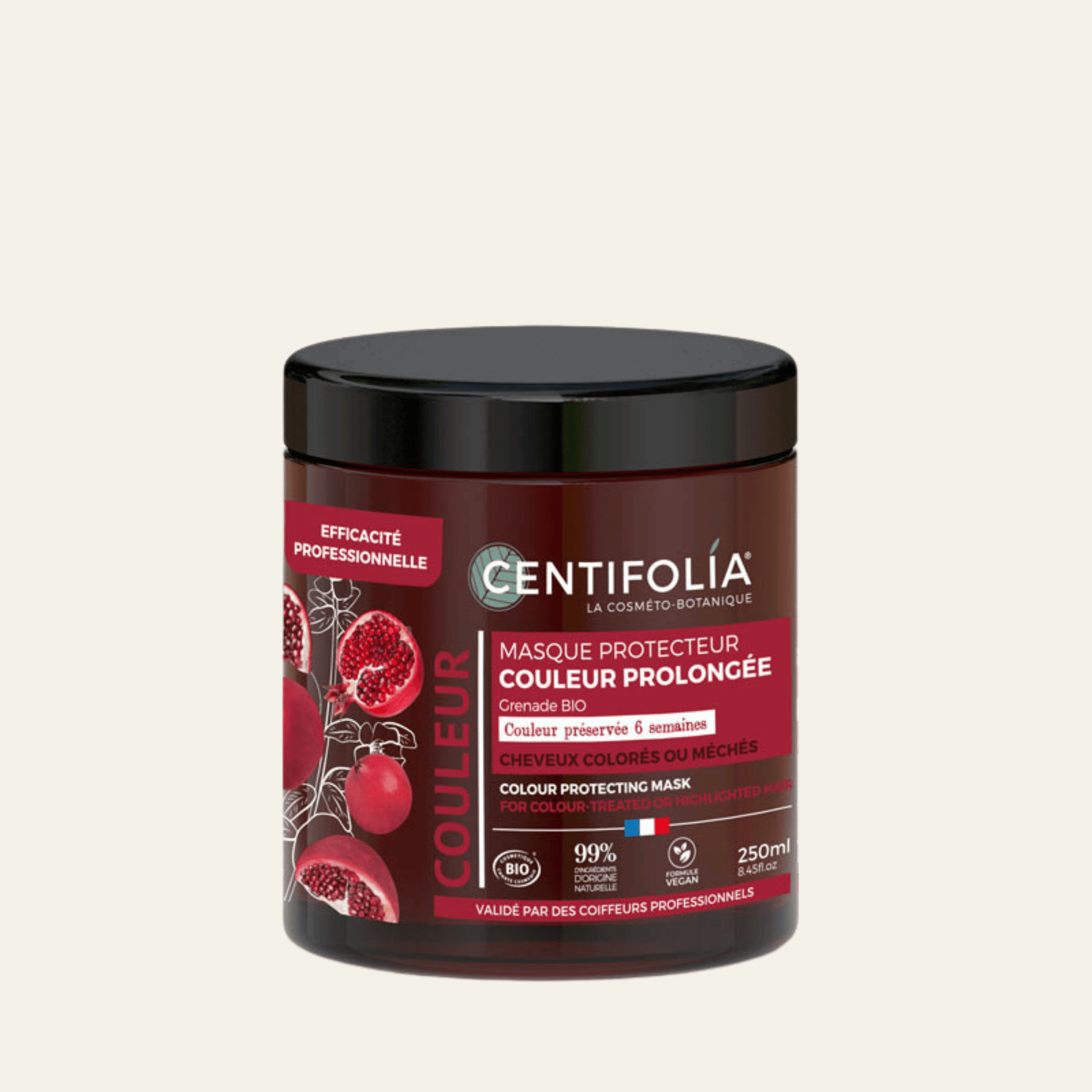 Masque Protecteur Couleur Prolongée Centifolia à la grenade bio. Nourrit, protège et aide à préserver l’éclat des cheveux colorés ou méchés.