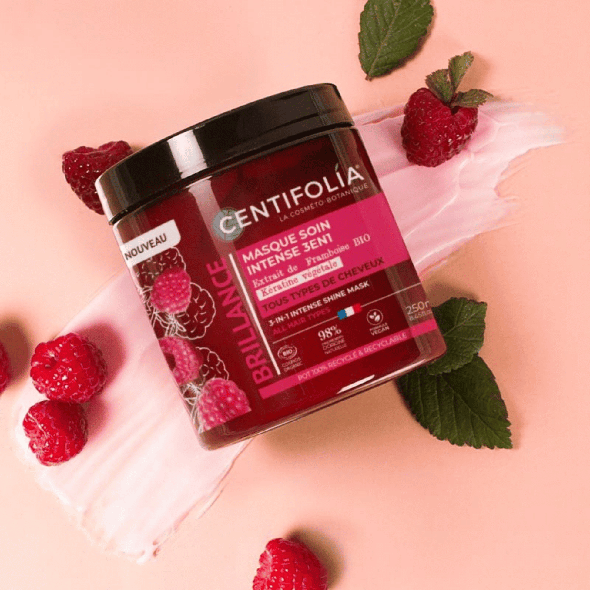 Masque Soin Brillance Intense 3-en-1 Centifolia à la framboise bio et kératine végétale - bio et suisse