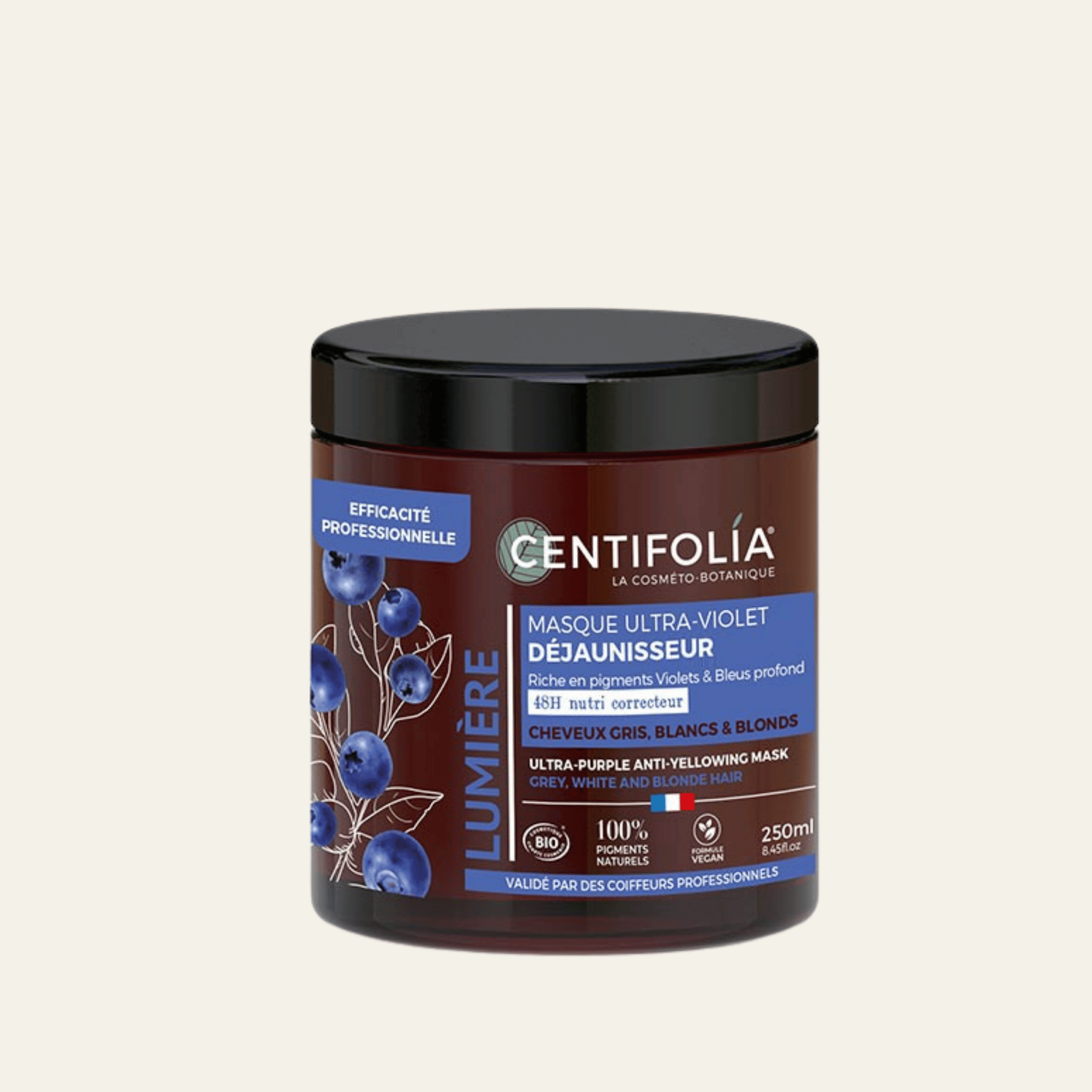 Masque Ultra-Violet Déjaunisseur Centifolia aux pigments violets et bleus naturels. Neutralise les reflets jaunes et orangés des cheveux blonds, blancs ou gris.