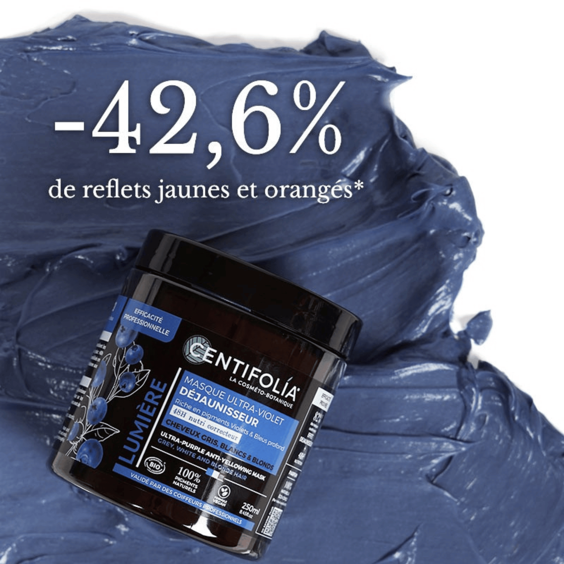 Masque Ultra-Violet Déjaunisseur Centifolia aux pigments violets et bleus naturels. Neutralise les reflets jaunes et orangés des cheveux blonds, blancs ou gris.