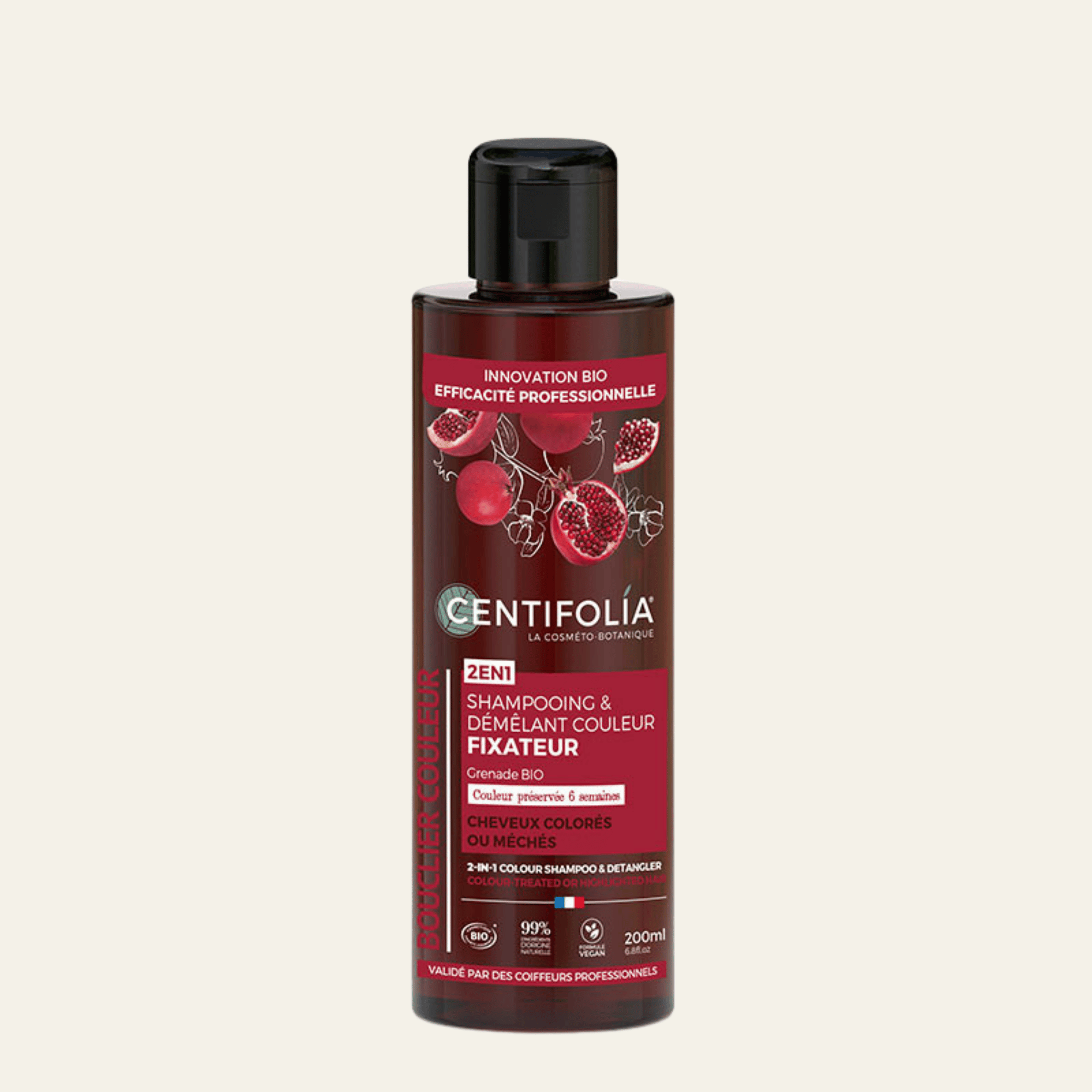 Shampooing & démêlant 2-en-1 Centifolia à la grenade bio pour cheveux colorés ou méchés