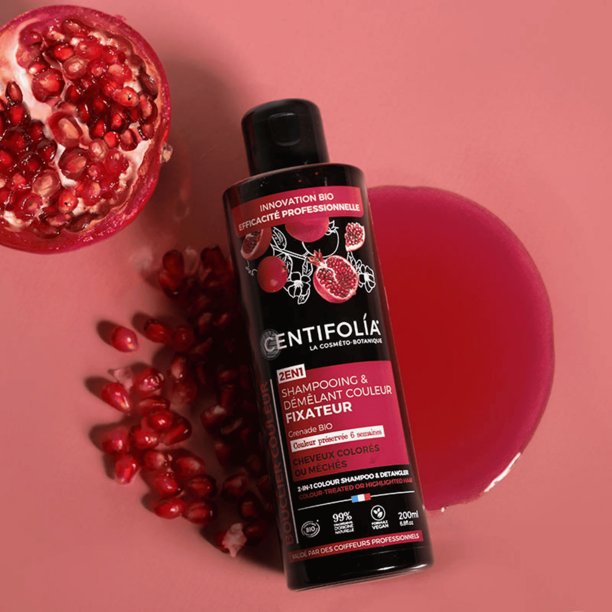 Shampooing & démêlant 2-en-1 Centifolia à la grenade bio pour cheveux colorés ou méchés