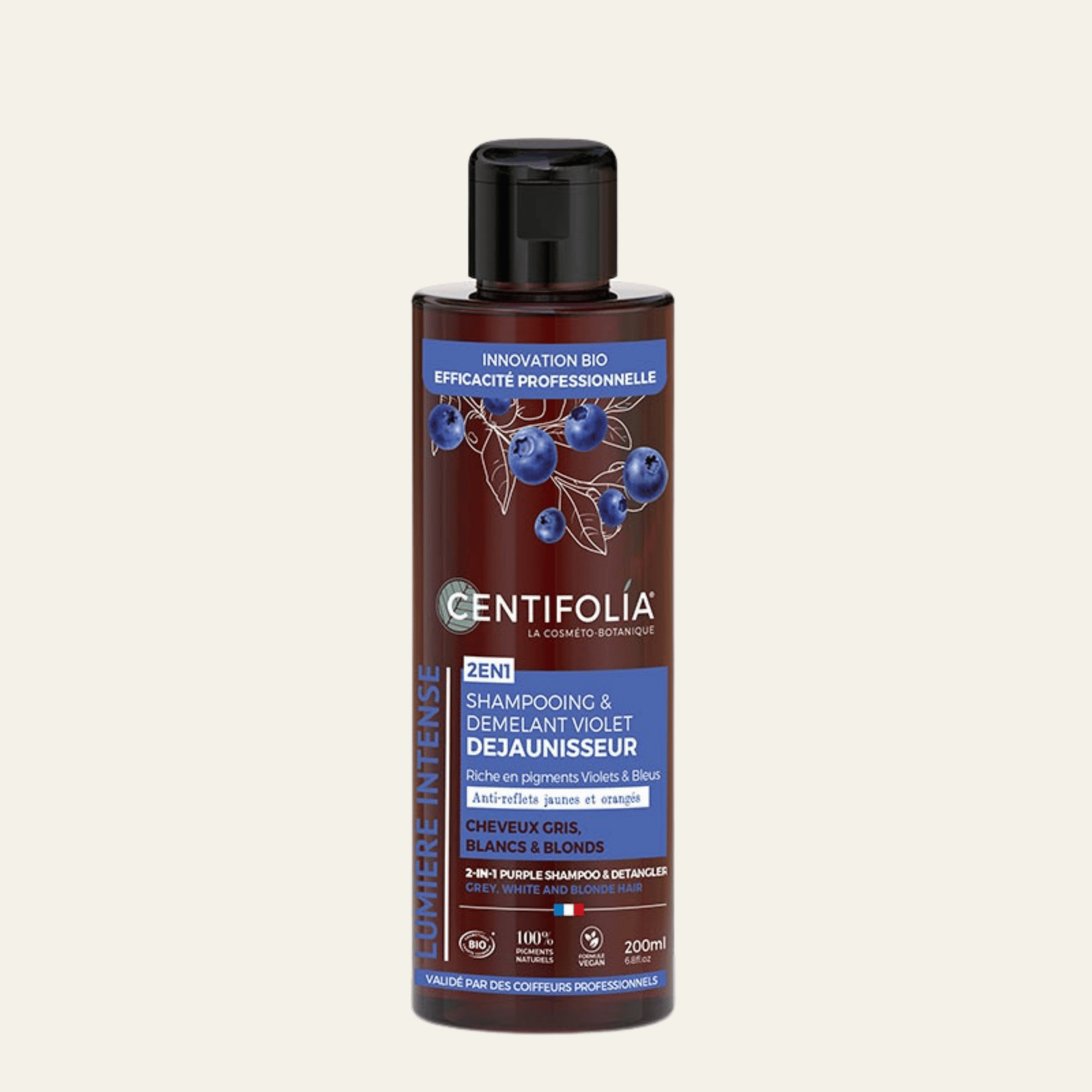 Shampooing & démêlant violet déjaunisseur qui neutralise les reflets jaunes et orangés des cheveux blonds, blancs, gris ou méchés. Suisse et bio.
