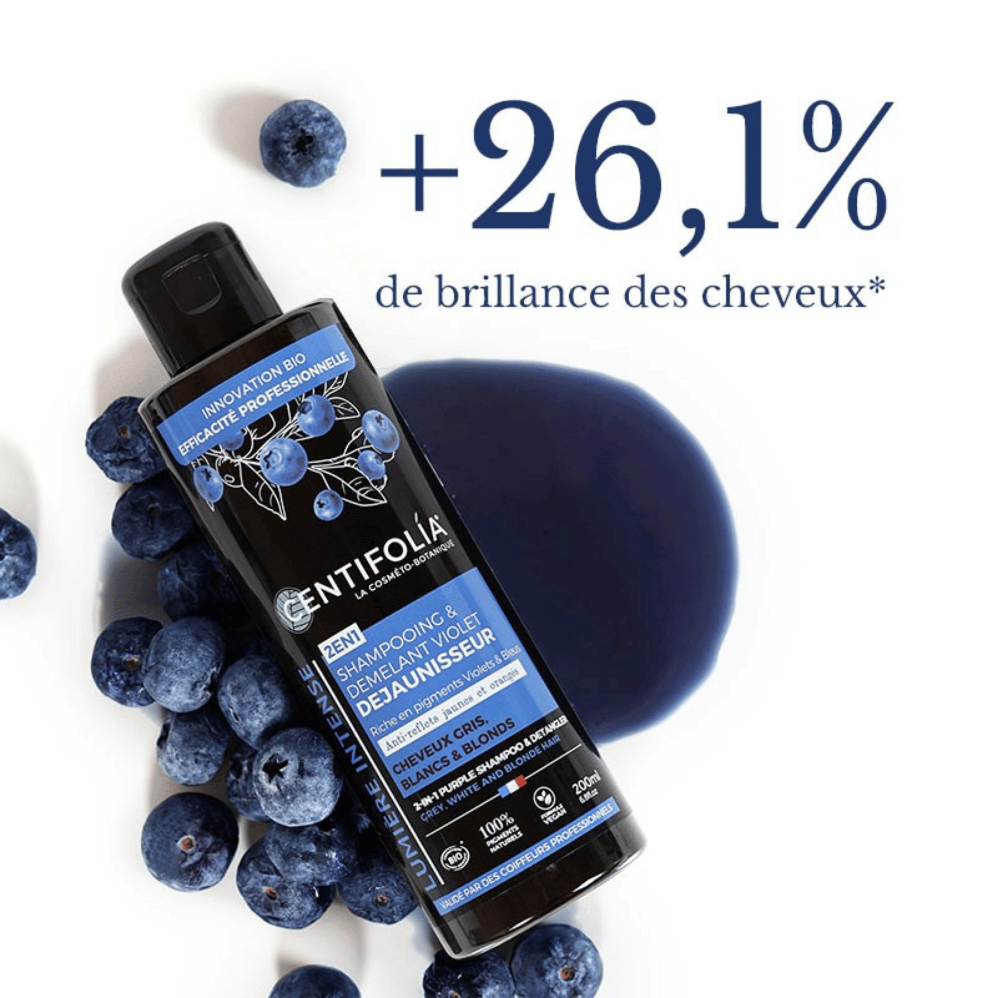 Shampooing & démêlant violet déjaunisseur qui neutralise les reflets jaunes et orangés des cheveux blonds, blancs, gris ou méchés. Suisse et bio.
