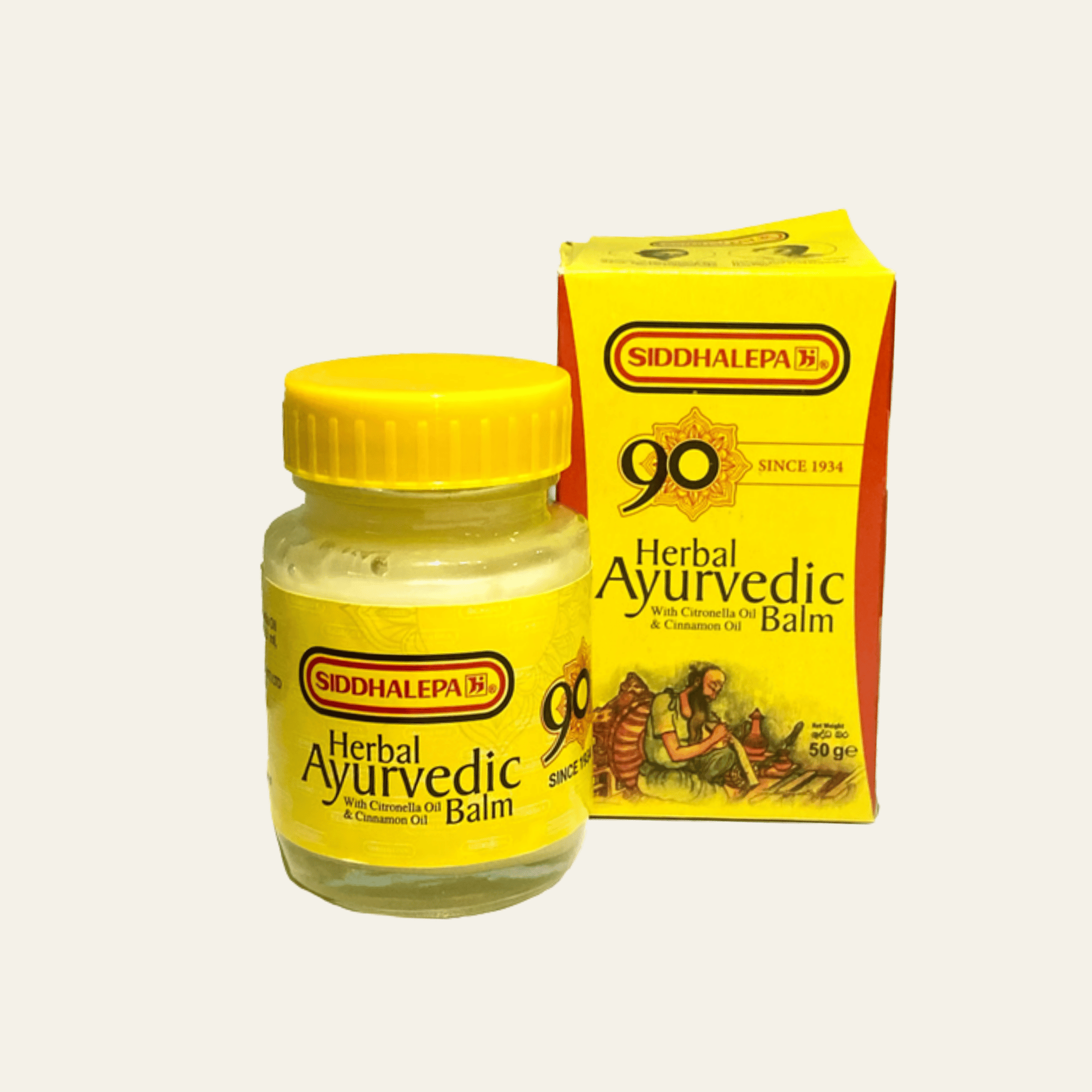 Baume ayurvédique Siddhalepa au menthol, camphre, eucalyptus, cannelle, citronnelle et pin.