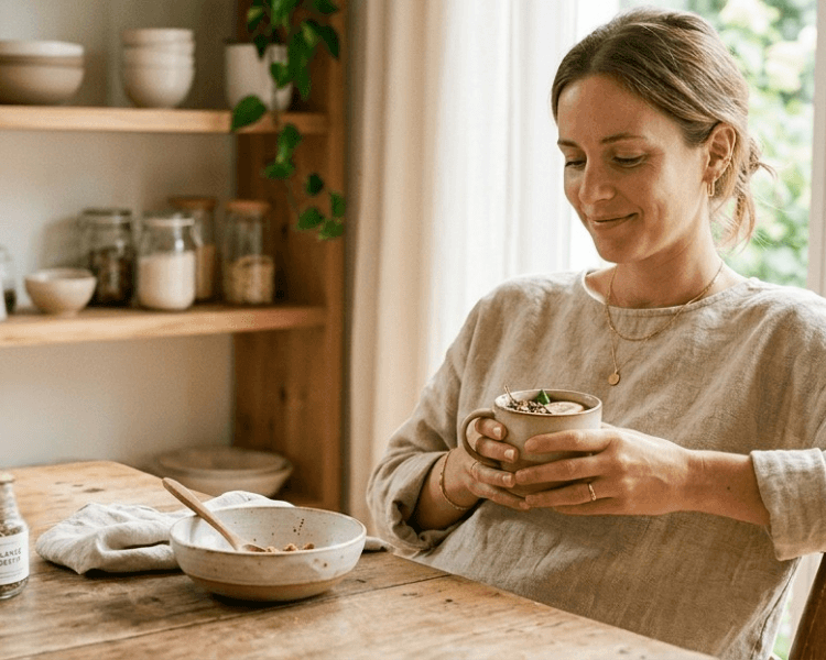Femme qui boit et mange pour le bien-être de sa digestion et microbiote