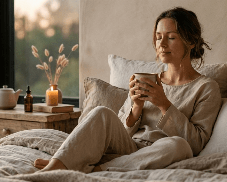 Femme détendue dans un lit représentant la collection fatigue et sommeil
