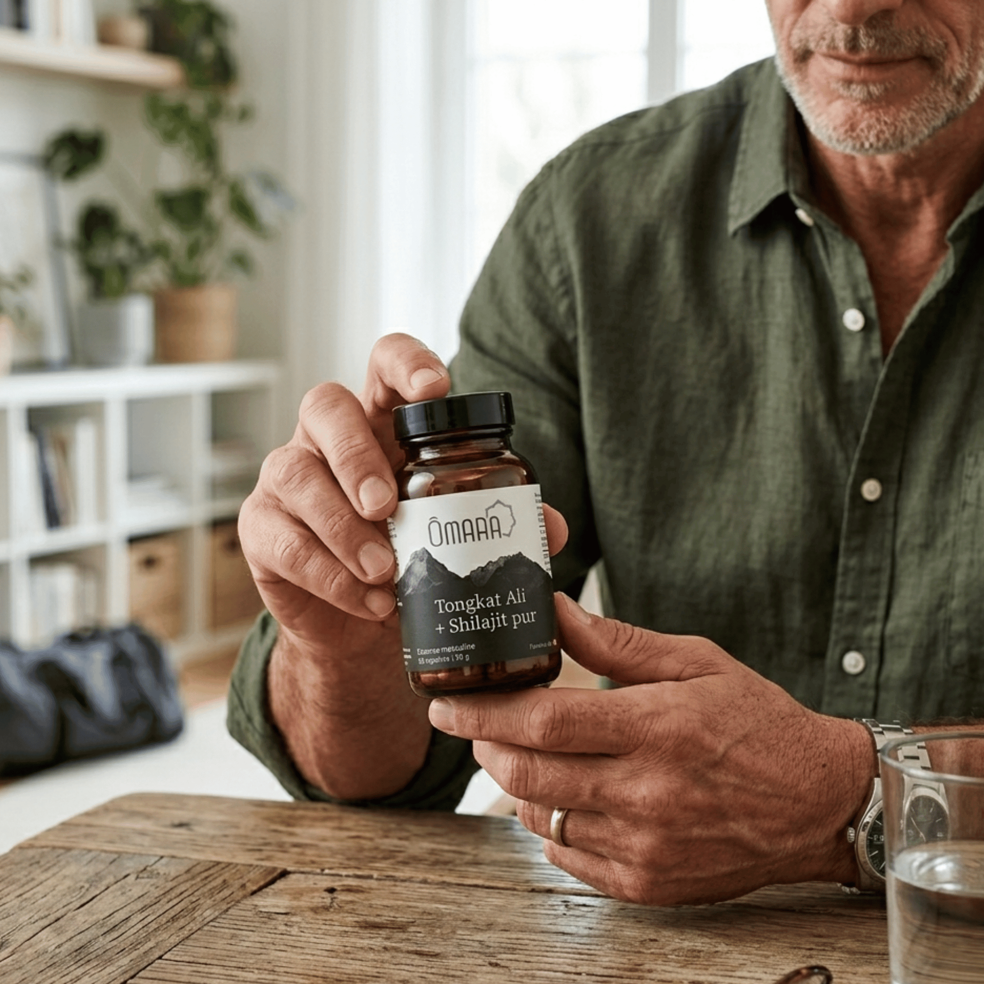 Un homme qui tient du Tongkat Ali et Shilajit en main, complément suisse