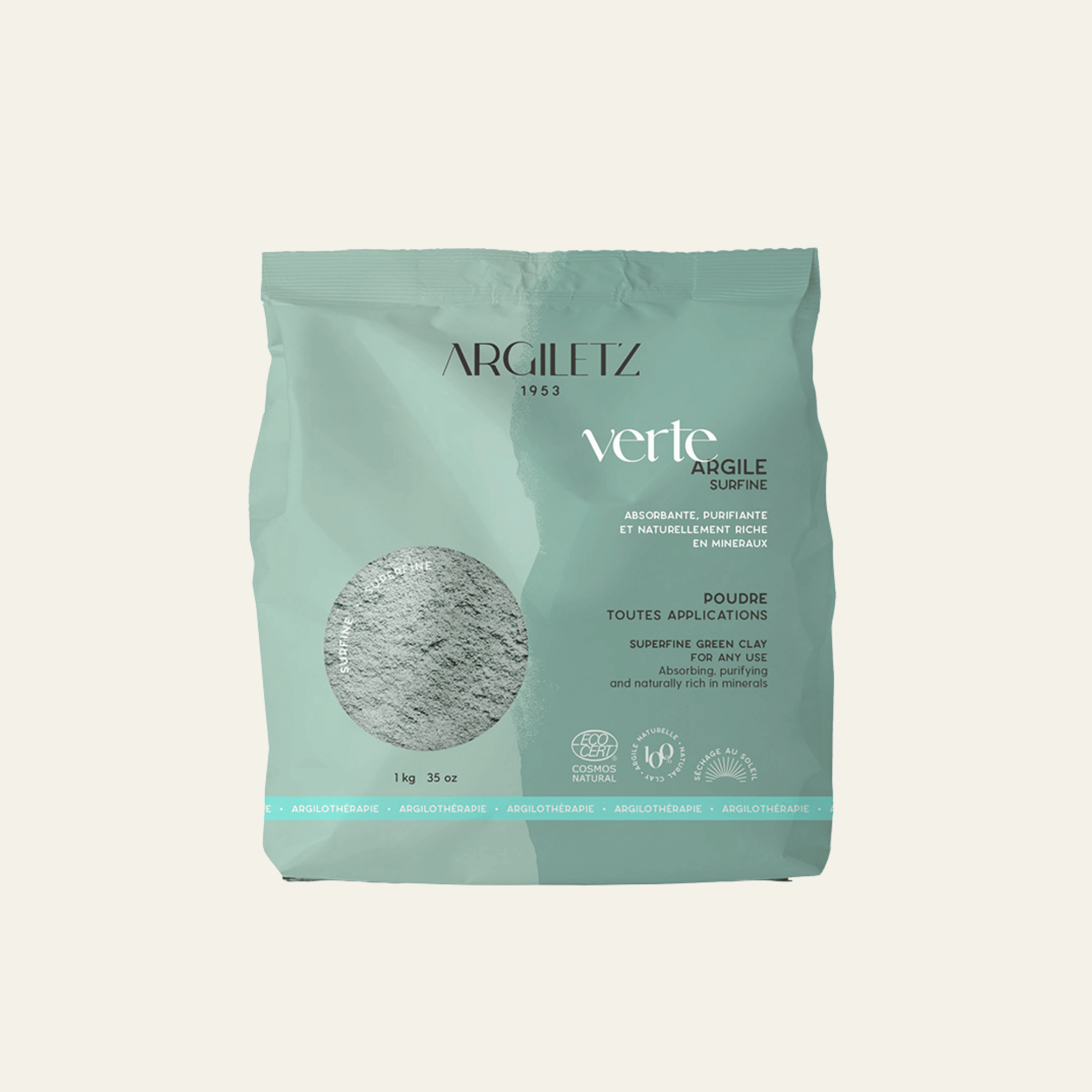 Argile verte Argiletz en poudre, disponible en moulue fine, surfine ou ultra-ventilée. Idéale pour masques, bains et cataplasmes.