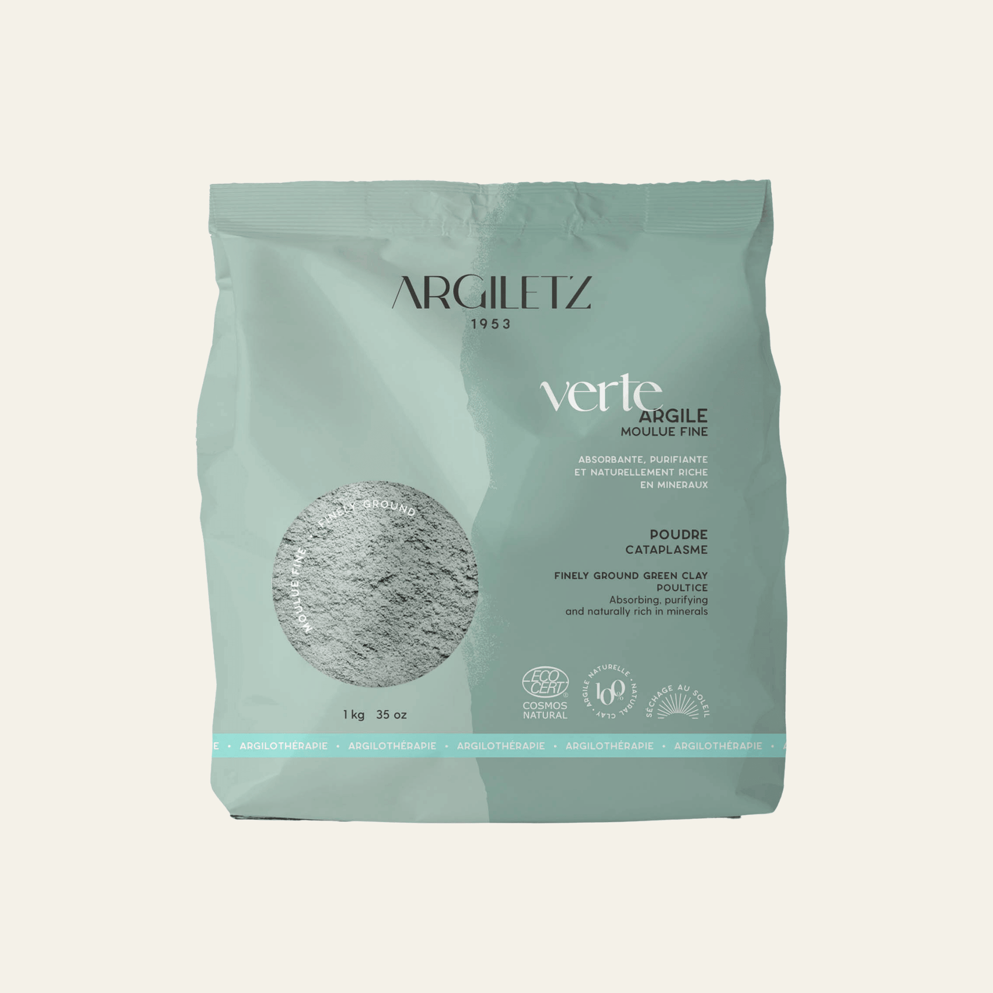 Argile verte Argiletz en poudre, disponible en moulue fine, surfine ou ultra-ventilée. Idéale pour masques, bains et cataplasmes.