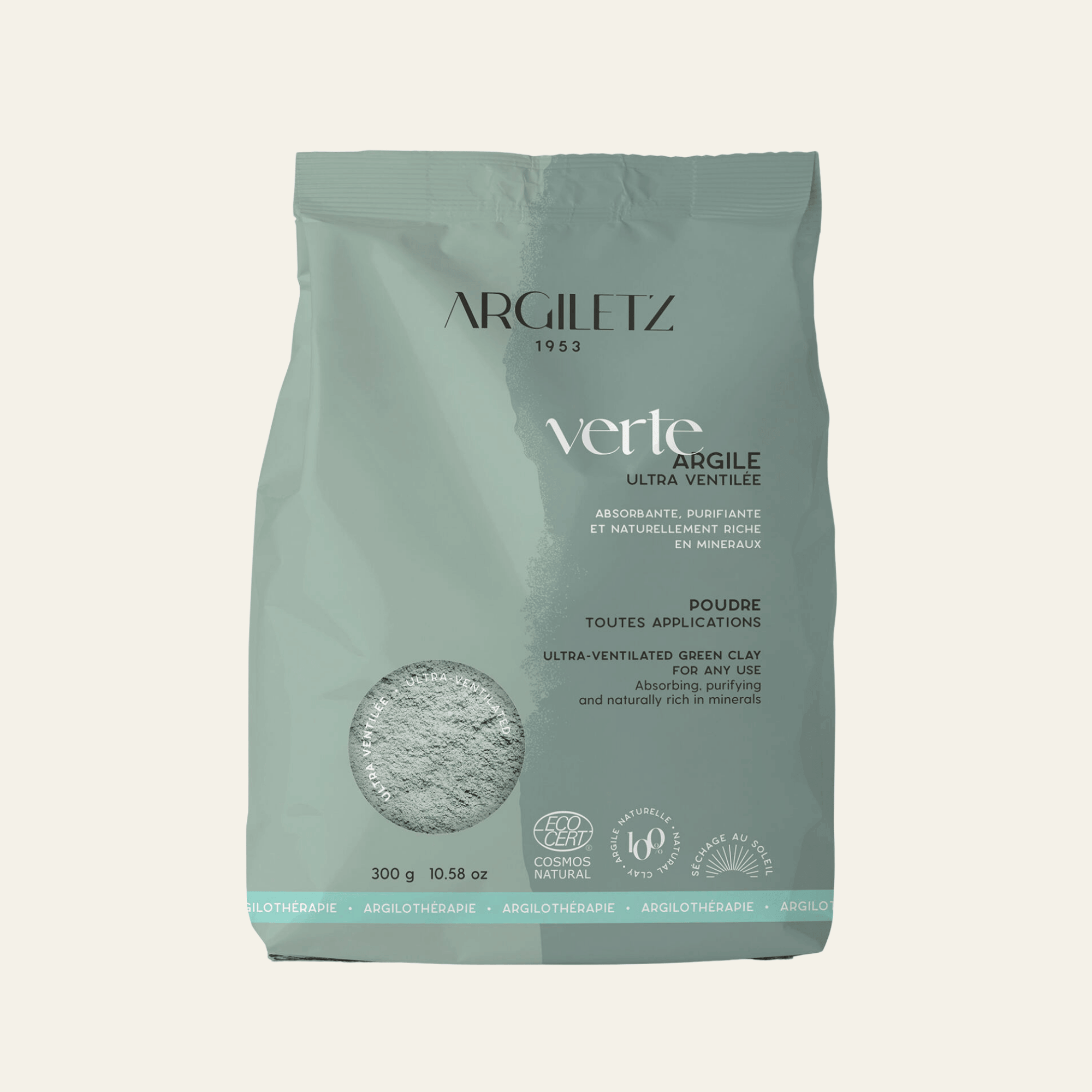 Argile verte Argiletz en poudre, disponible en moulue fine, surfine ou ultra-ventilée. Idéale pour masques, bains et cataplasmes.