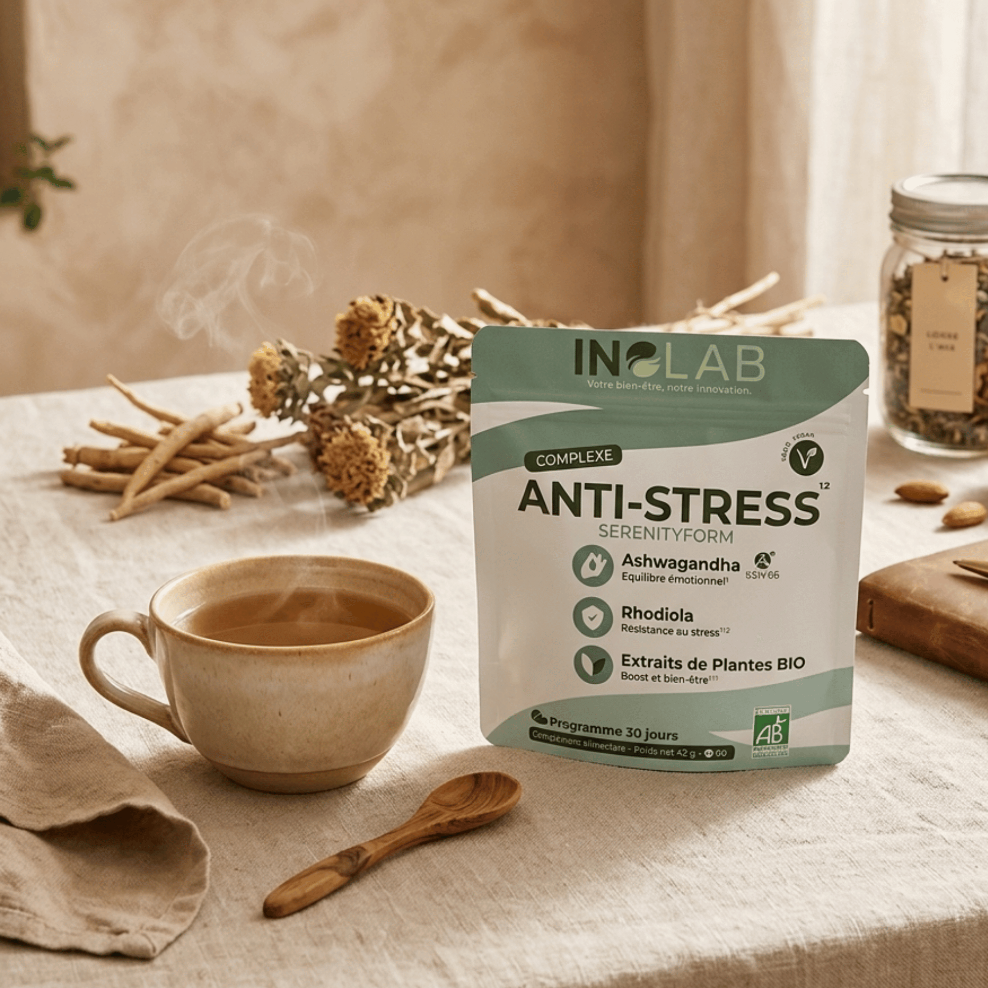Complexe anti-stress à base d'ashwagandha, rhodiola et plantes. Suisse et biologique, vendu chez Terrame