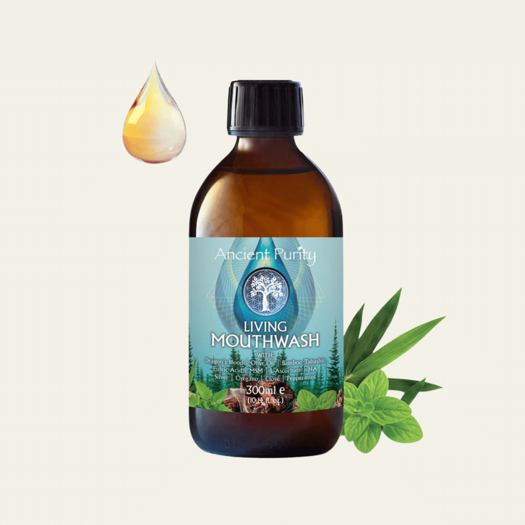 Bain de bouche Ancient Purity 300 ml à l’hydroxyapatite, Dragon’s Blood, Bamboo Tabashir, argent colloïdal et huiles essentielles.