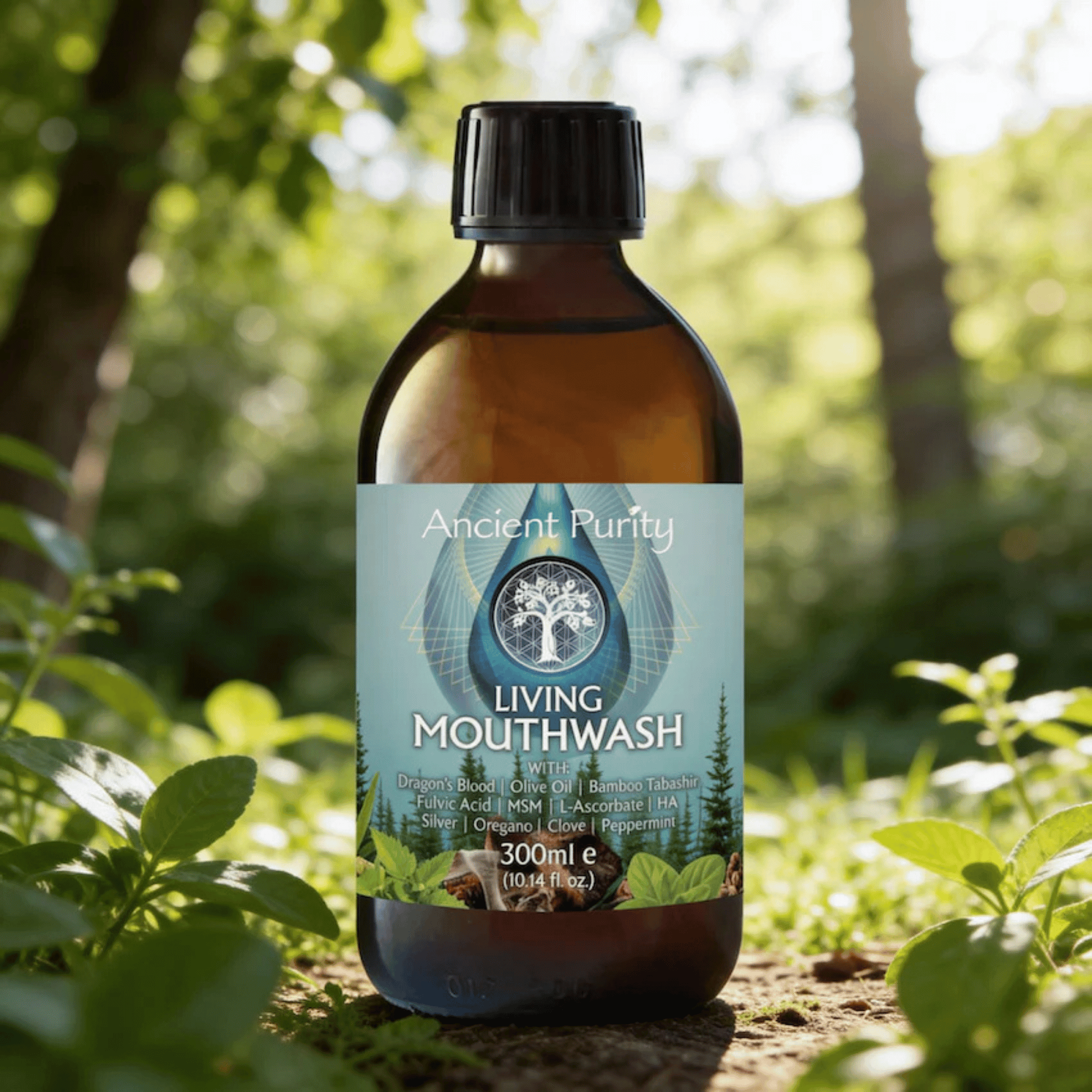 Bain de bouche Ancient Purity 300 ml à l’hydroxyapatite, Dragon’s Blood, Bamboo Tabashir, argent colloïdal et huiles essentielles.