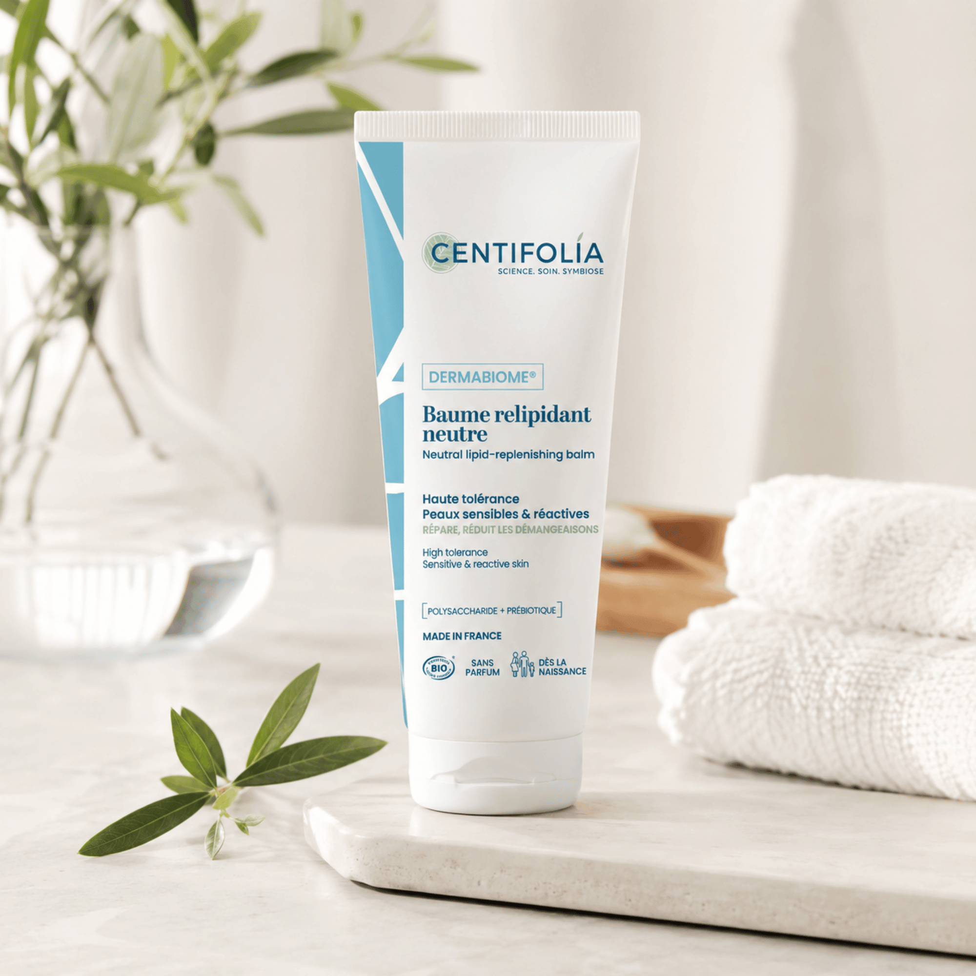 Baume relipidant neutre Centifolia 200 ml, sans parfum, avec karité, aloe vera et prébiotique. Peaux sensibles, dès la naissance.