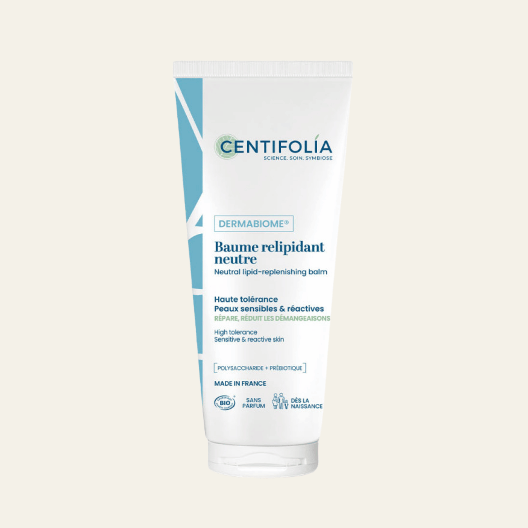 Baume relipidant neutre Centifolia 200 ml, sans parfum, avec karité, aloe vera et prébiotique. Peaux sensibles, dès la naissance.