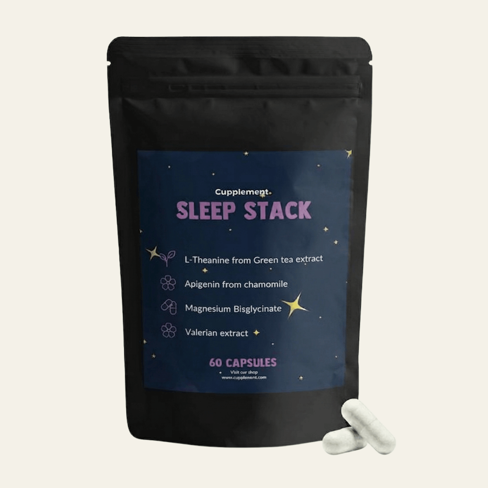 Complexe sommeil avec L-théanine, magnésium, valériane et apigénine. 60 capsules vegan, sans mélatonine, pour une routine du soir apaisée.
