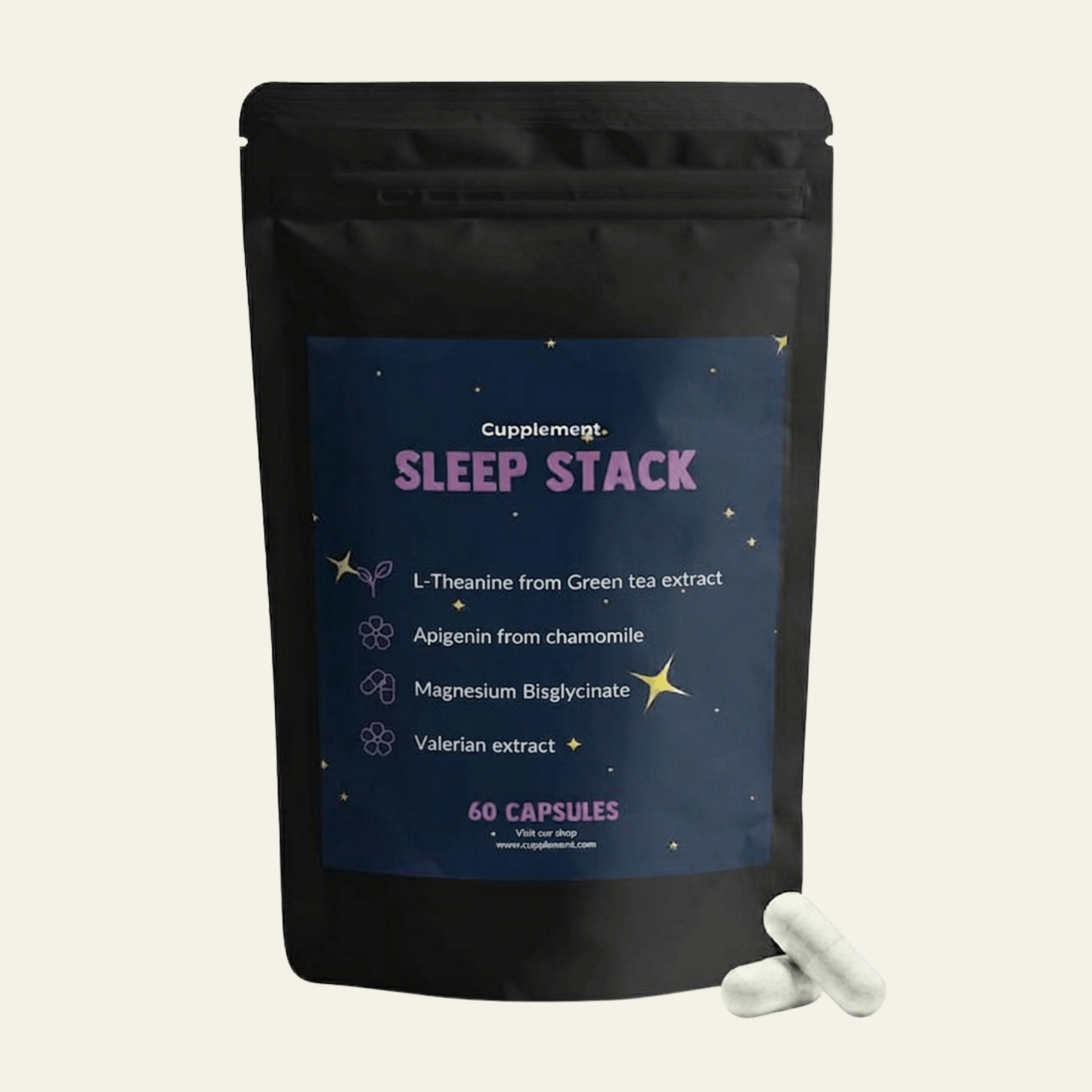 Complexe sommeil avec L-théanine, magnésium, valériane et apigénine. 60 capsules vegan, sans mélatonine, pour une routine du soir apaisée.