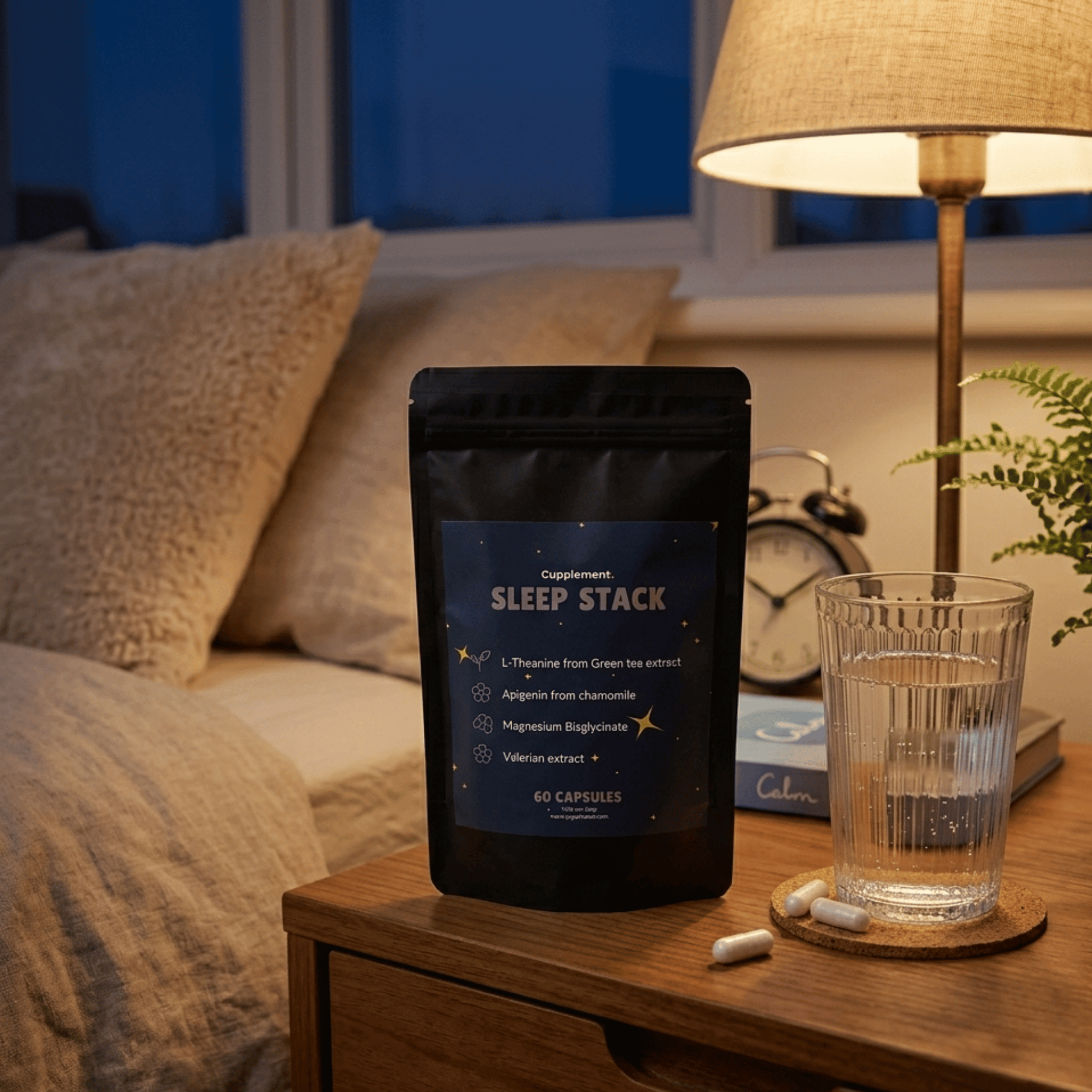 Complexe sommeil avec L-théanine, magnésium, valériane et apigénine. 60 capsules vegan, sans mélatonine, pour une routine du soir apaisée.
