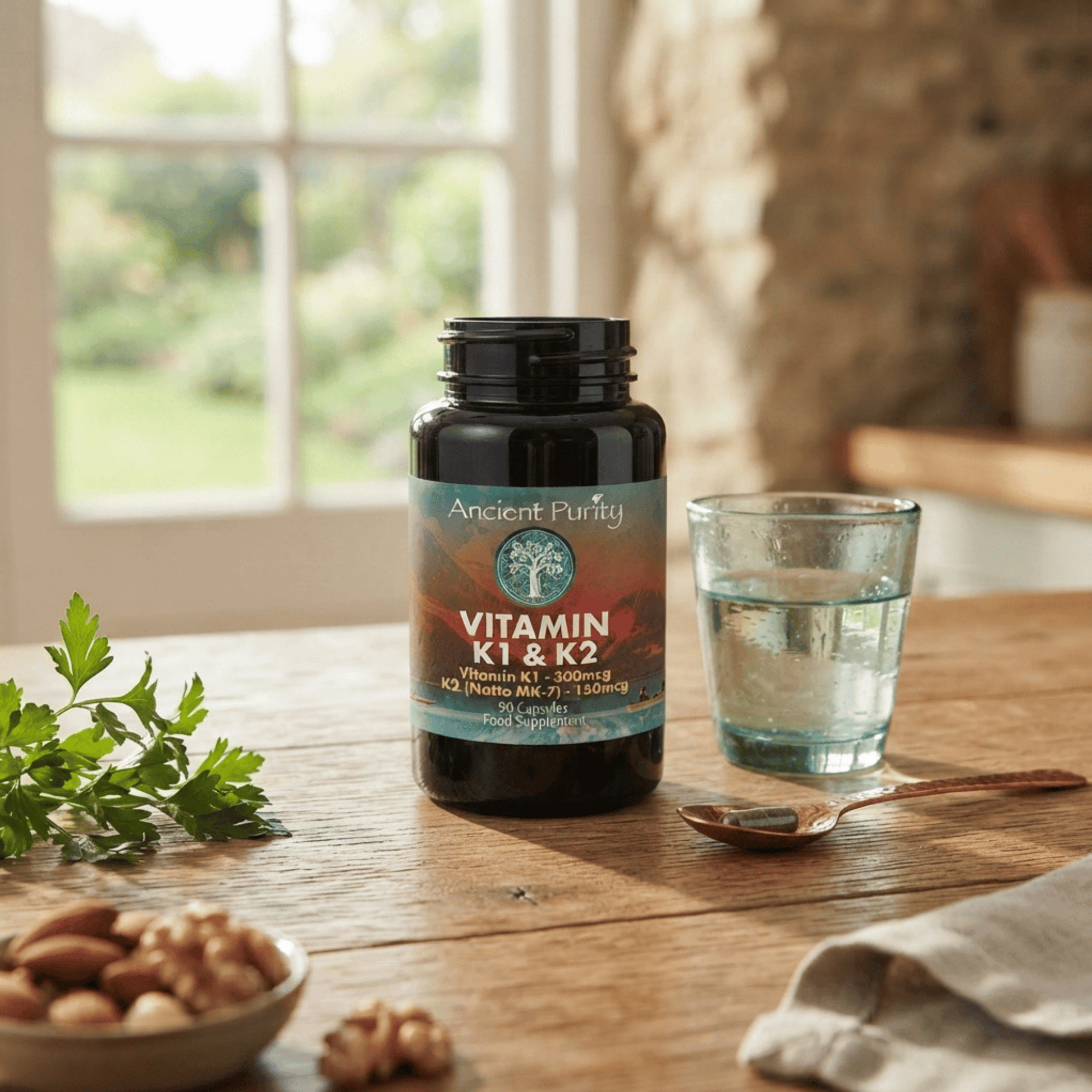 Complexe Vitamine K1 & K2 MK-7 Ancient Purity, 90 capsules. K1 300 mcg, K2 150 mcg issue de pois chiches fermentés.
