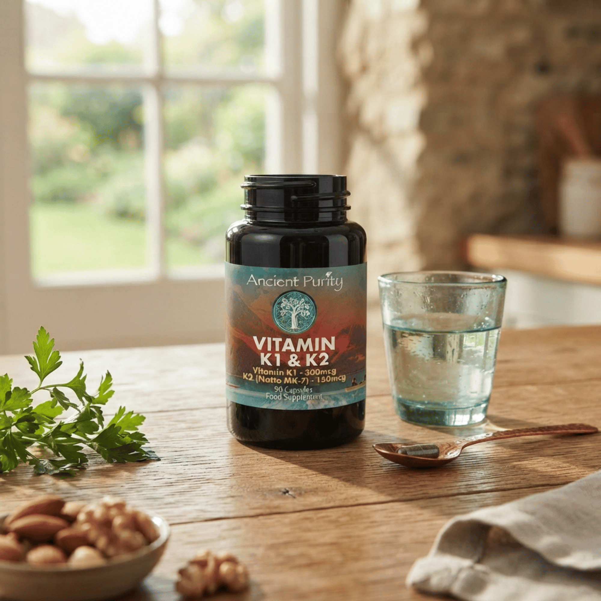 Complexe Vitamine K1 & K2 MK-7 Ancient Purity, 90 capsules. K1 300 mcg, K2 150 mcg issue de pois chiches fermentés.