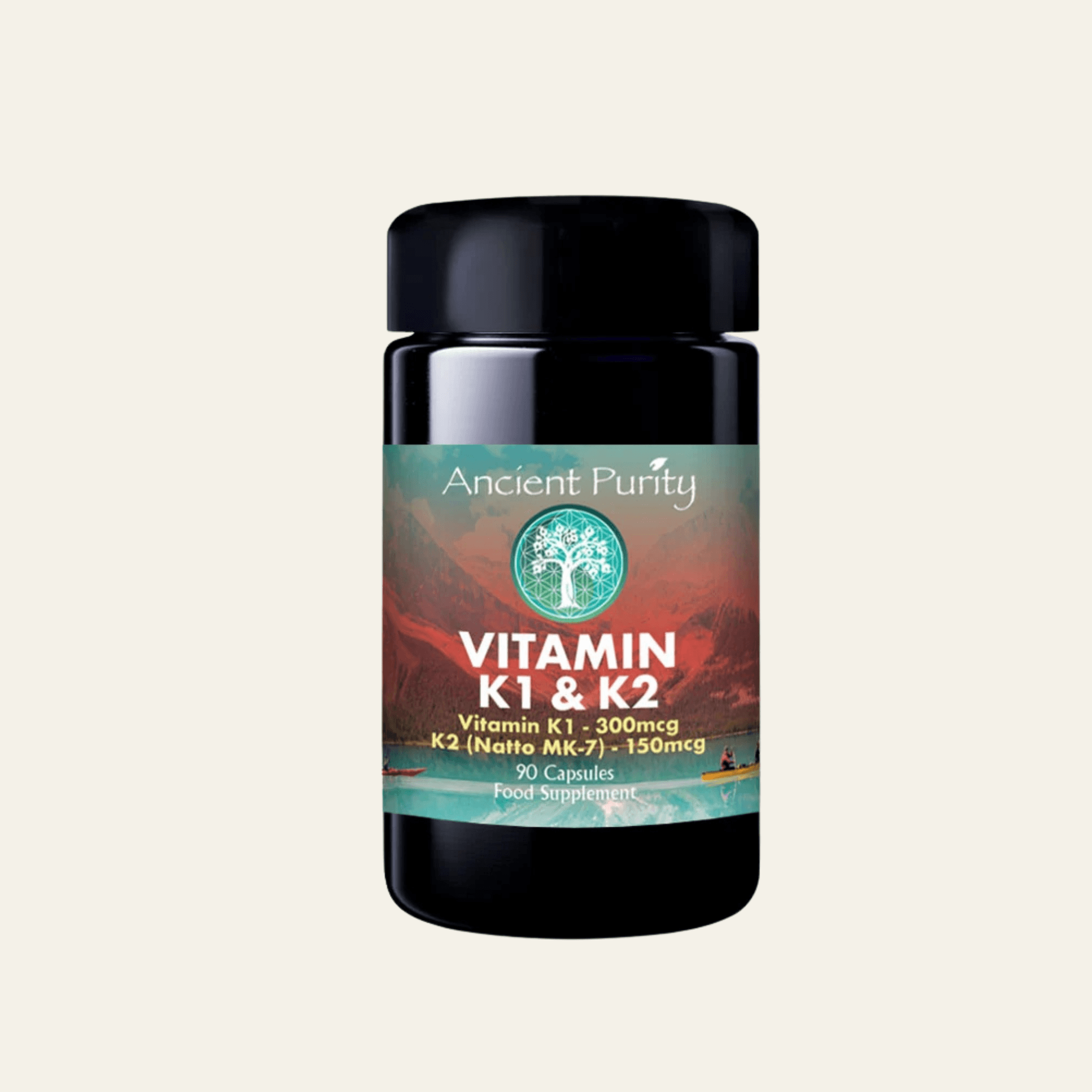 Complexe Vitamine K1 & K2 MK-7 Ancient Purity, 90 capsules. K1 300 mcg, K2 150 mcg issue de pois chiches fermentés.