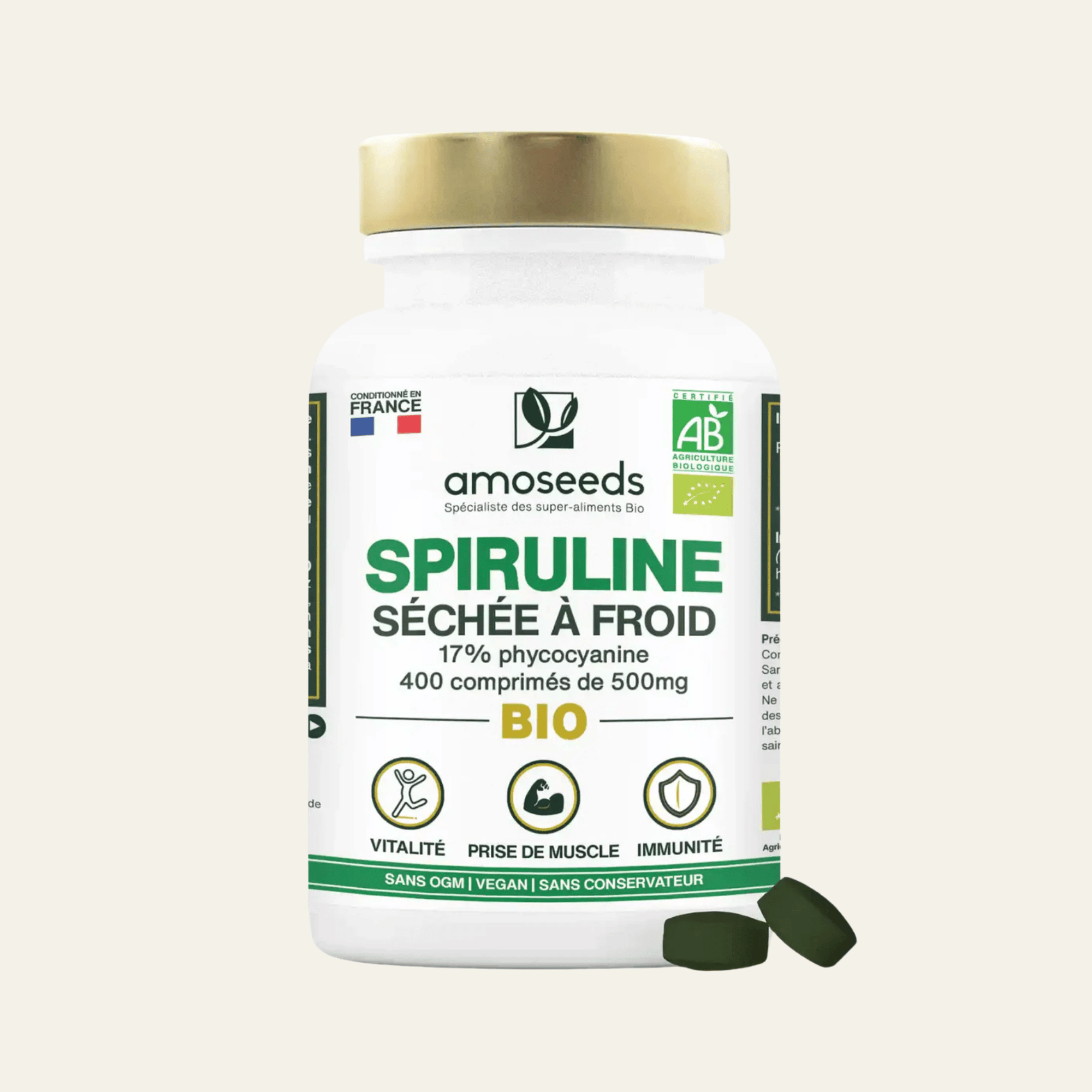 Comprimés bio de spiruline seule ou spiruline + chlorella.