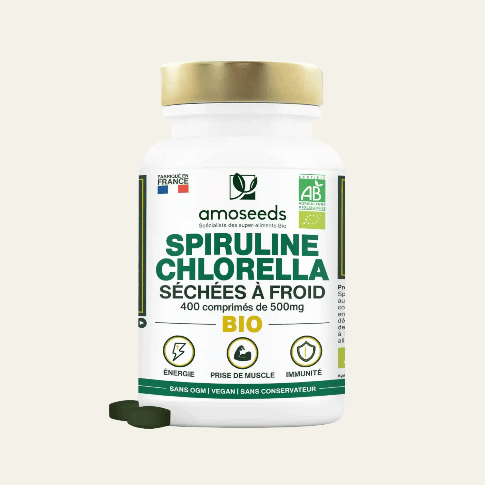 Comprimés bio de spiruline seule ou spiruline + chlorella.