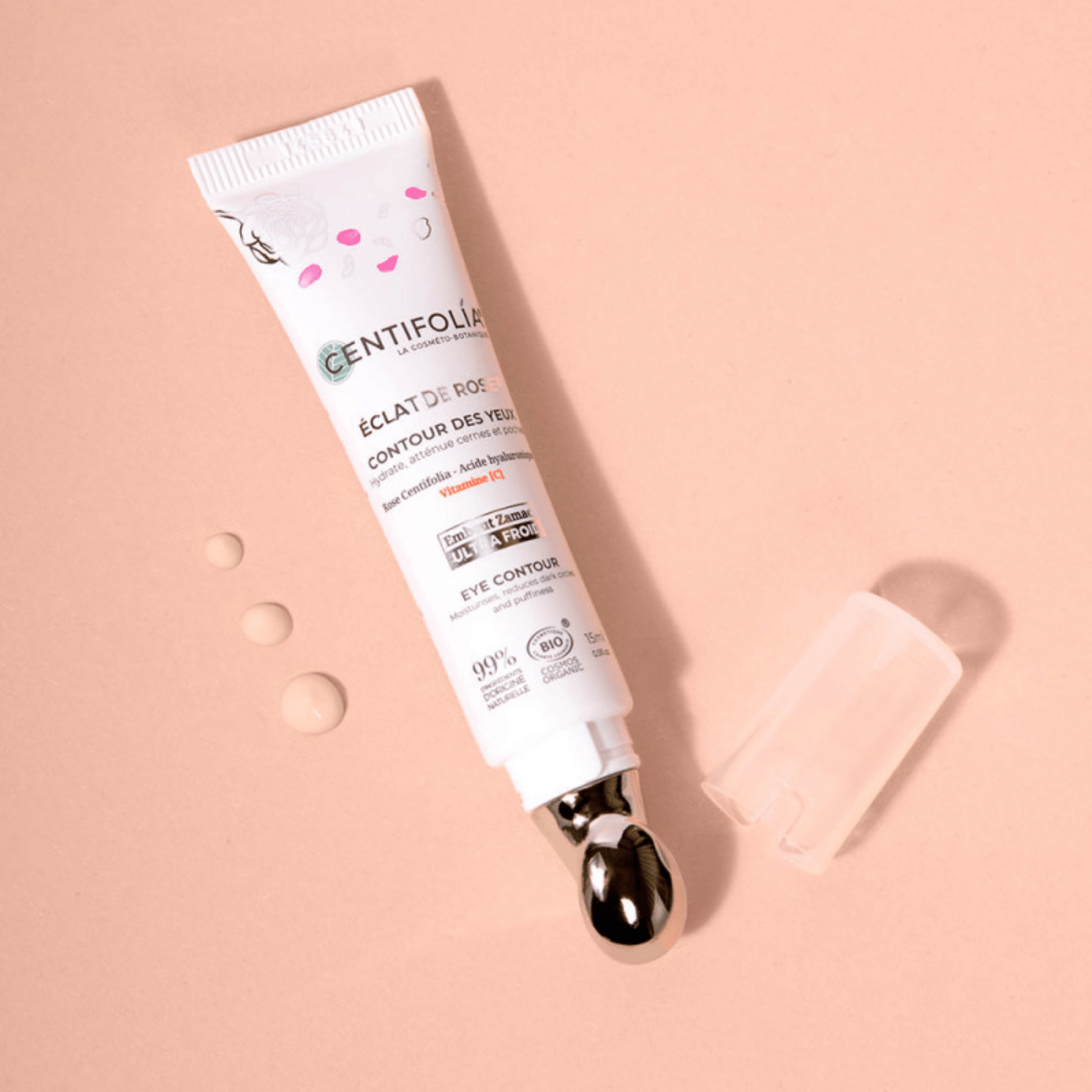 Contour des yeux Éclat de Rose Centifolia 15 ml à la rose bio, acide hyaluronique et vitamine C. Hydrate, défatigue et illumine le regard.