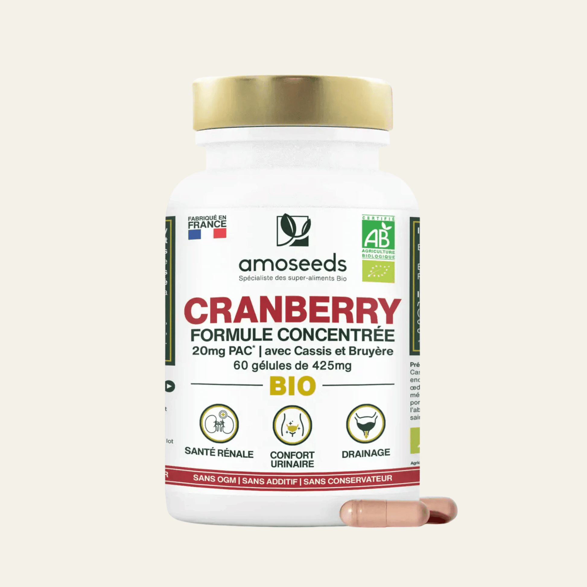 Gélules bio de cranberry titrée 5% PAC, cassis et bruyère vendu en suisse chez terrame