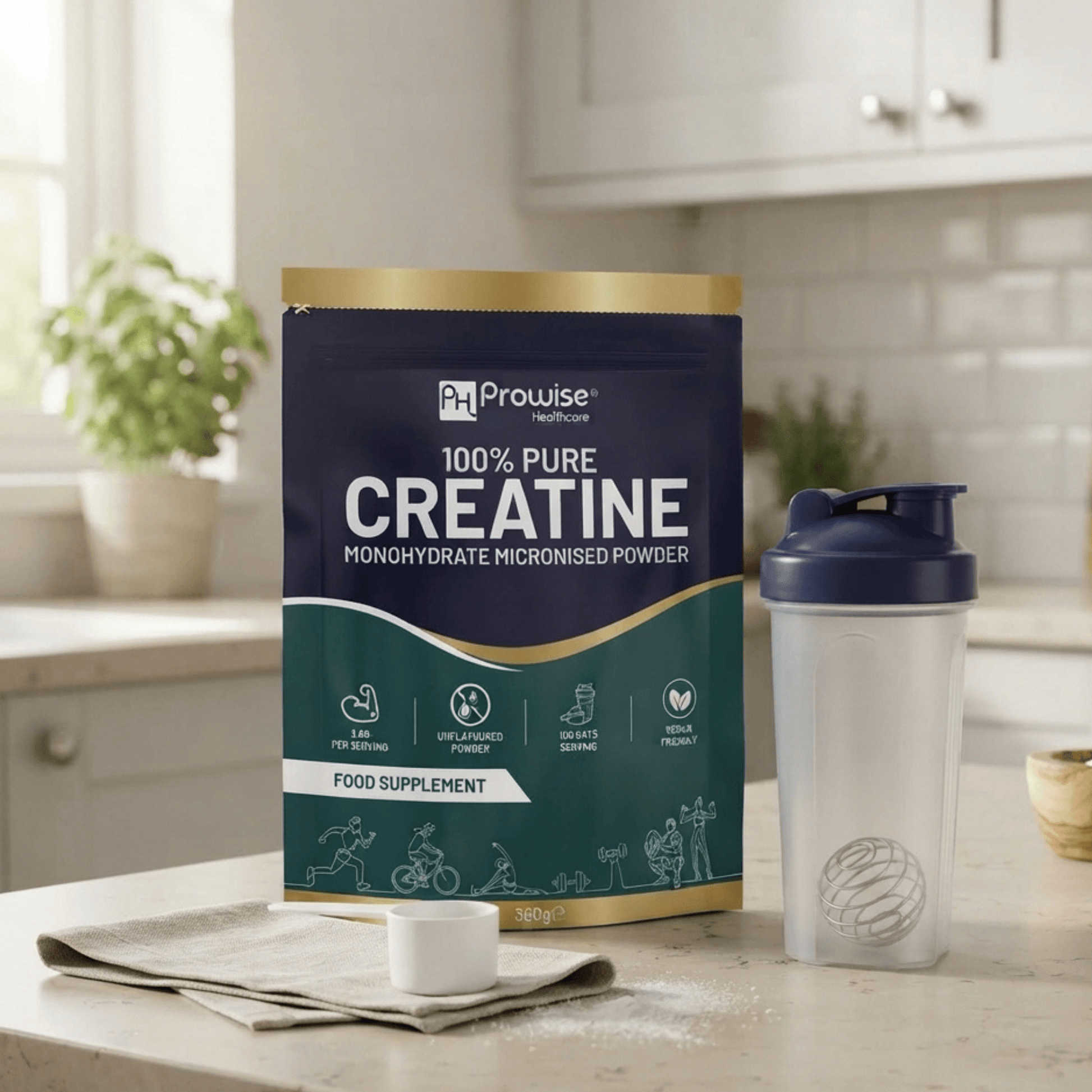 Créatine monohydrate pure Prowise 360 g, poudre micronisée sans arôme. 3,6 g par portion pour accompagner force, puissance et performance.