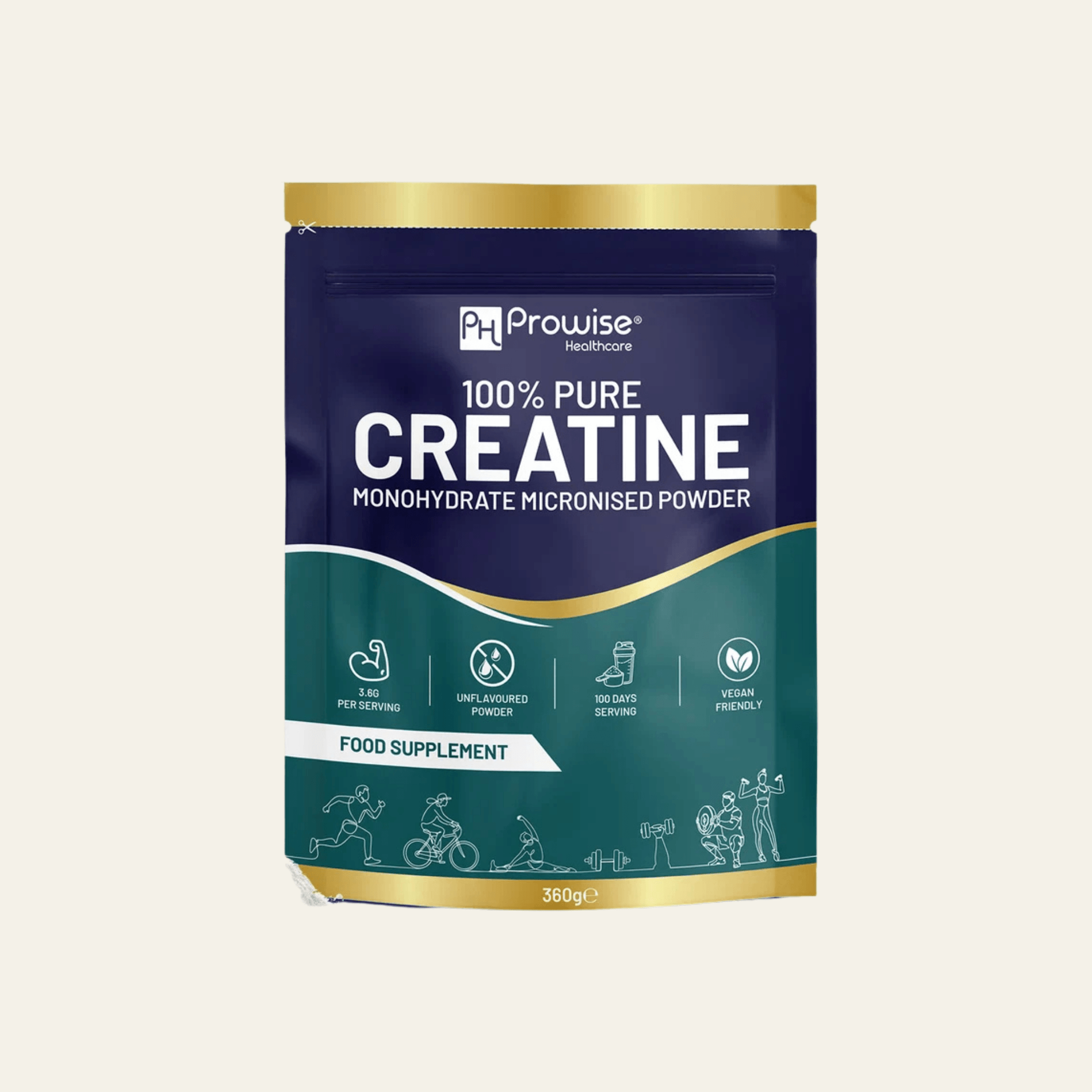 Créatine monohydrate pure Prowise 360 g, poudre micronisée sans arôme. 3,6 g par portion pour accompagner force, puissance et performance.