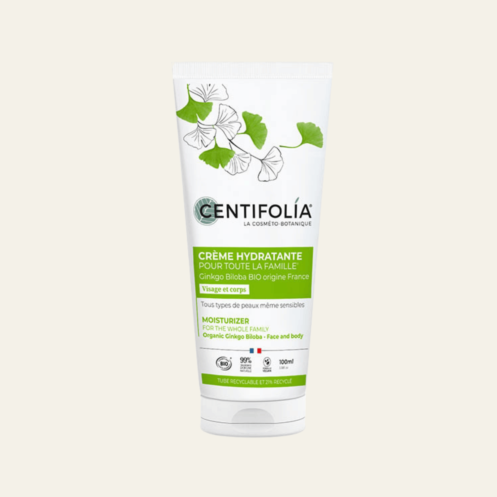 Crème hydratante Centifolia 100 ml pour visage et corps. Formule bio, vegan, avec Ginkgo Biloba, aloe vera, karité et amande douce.