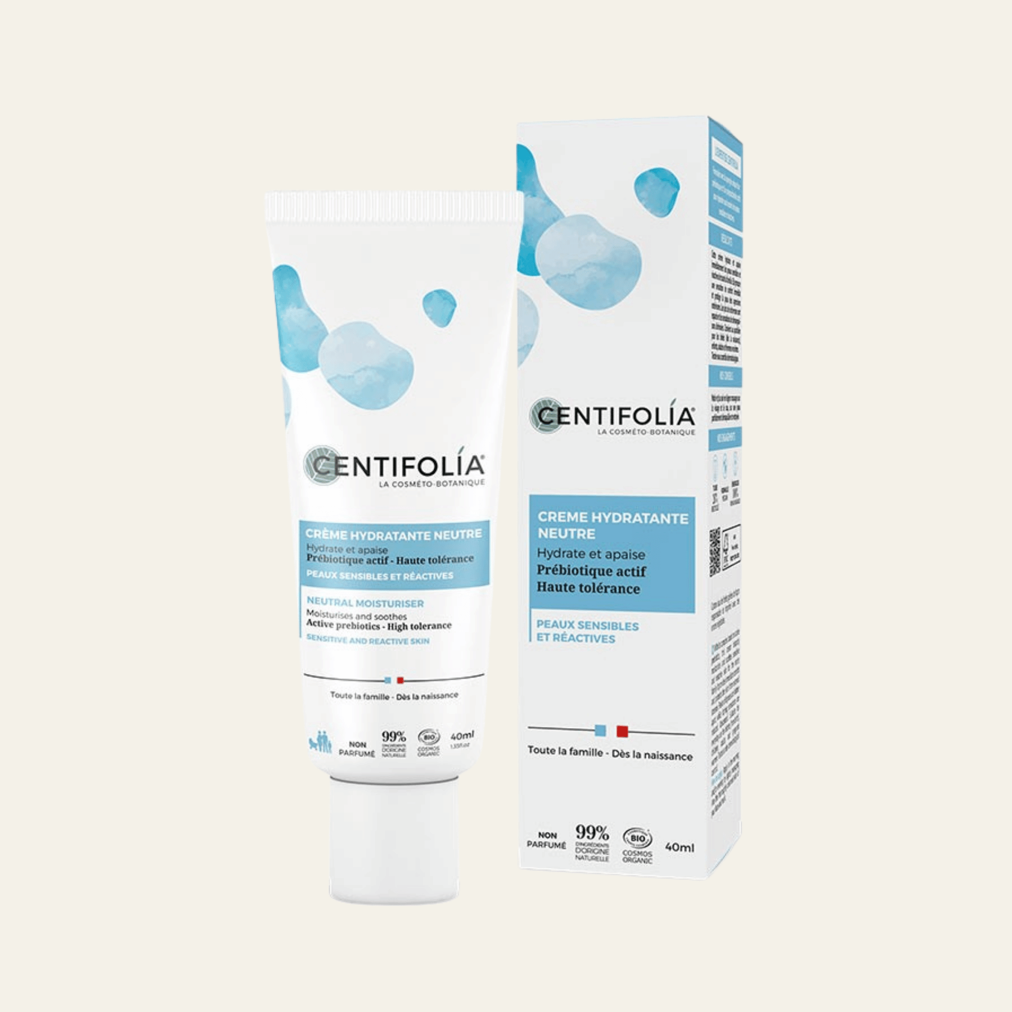 Crème hydratante neutre Centifolia 40 ml, sans parfum, avec prébiotique actif, aloe vera et karité. Peaux sensibles, dès la naissance.