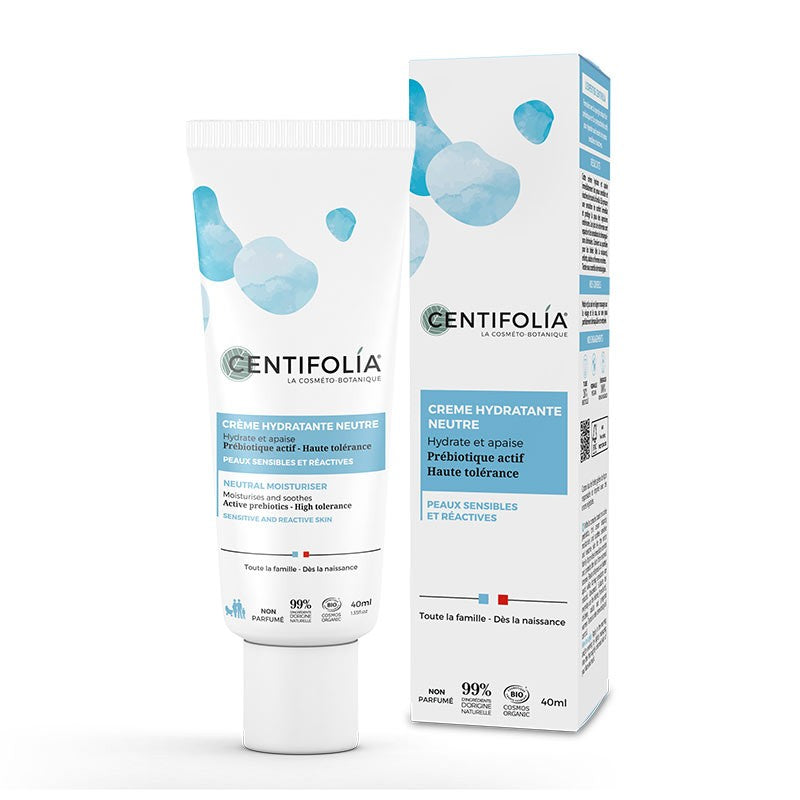 Crème hydratante neutre Centifolia 40 ml, sans parfum, avec prébiotique actif, aloe vera et karité. Peaux sensibles, dès la naissance.