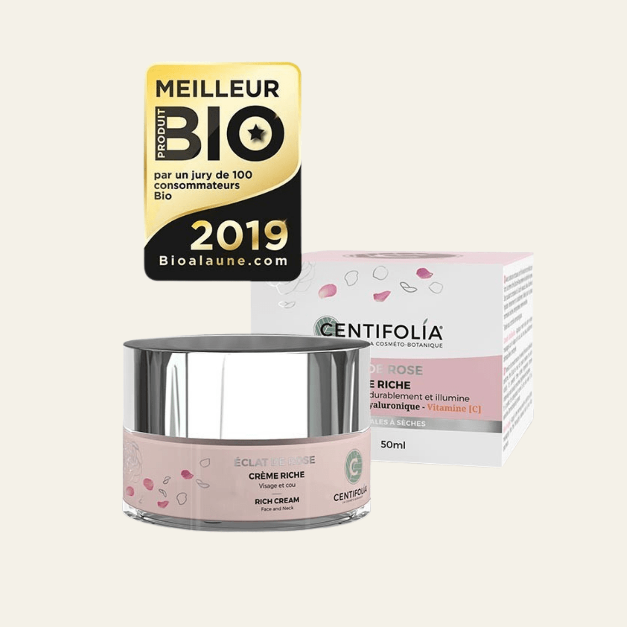Crème Riche Éclat de Rose Centifolia 50 ml à la rose bio, acide hyaluronique, vitamine C et karité. Peaux normales à sèches.