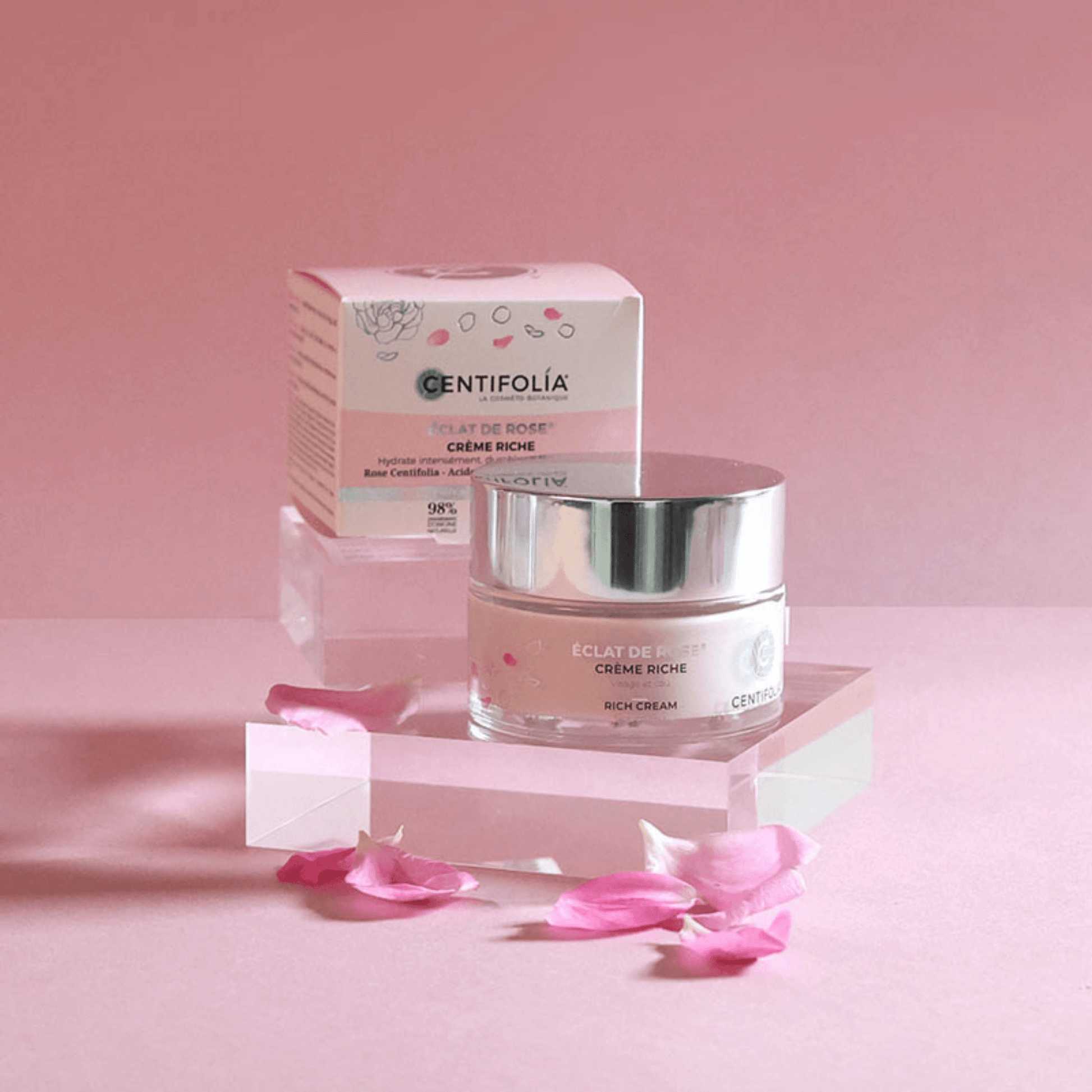 Crème Riche Éclat de Rose Centifolia 50 ml à la rose bio, acide hyaluronique, vitamine C et karité. Peaux normales à sèches.