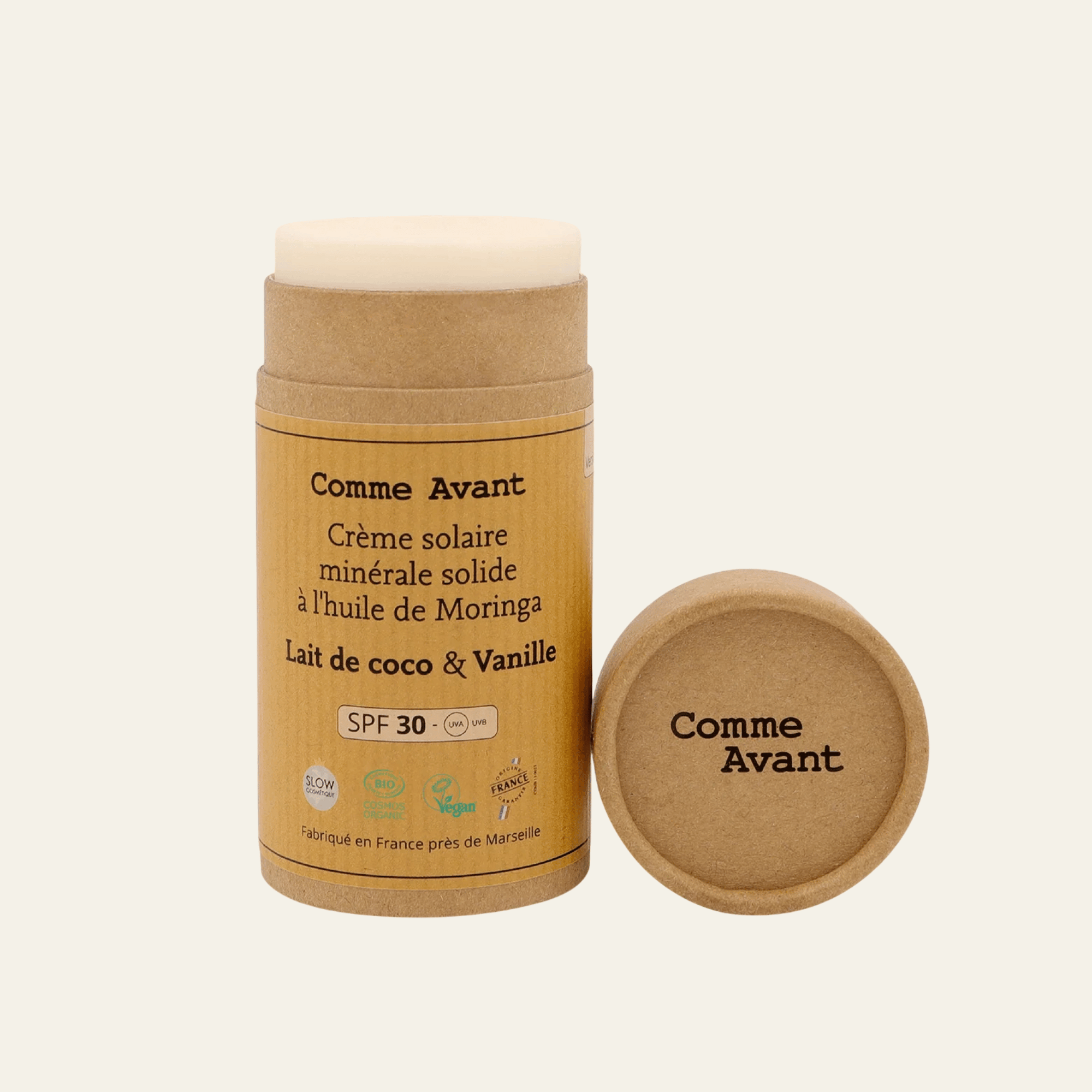 Crème solaire minérale solide SPF30 Comme Avant, parfum Coco & Vanille. 80 g, filtre zinc, huile de moringa, bio et vegan.