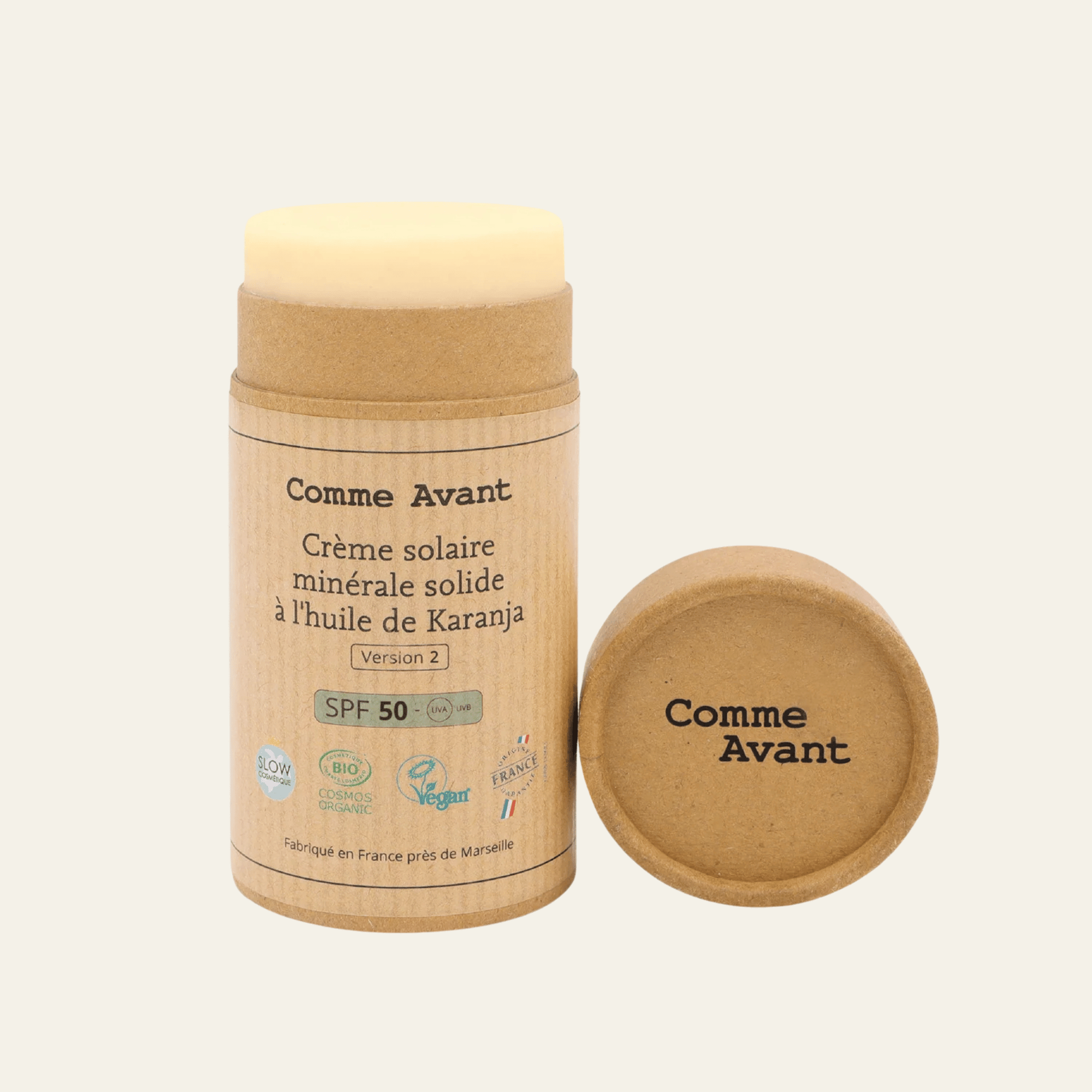 Crème solaire minérale solide SPF50 Comme Avant, 80 g. Filtre zinc, huile de karanja, 100% naturelle, vegan et certifiée Cosmos Organic.