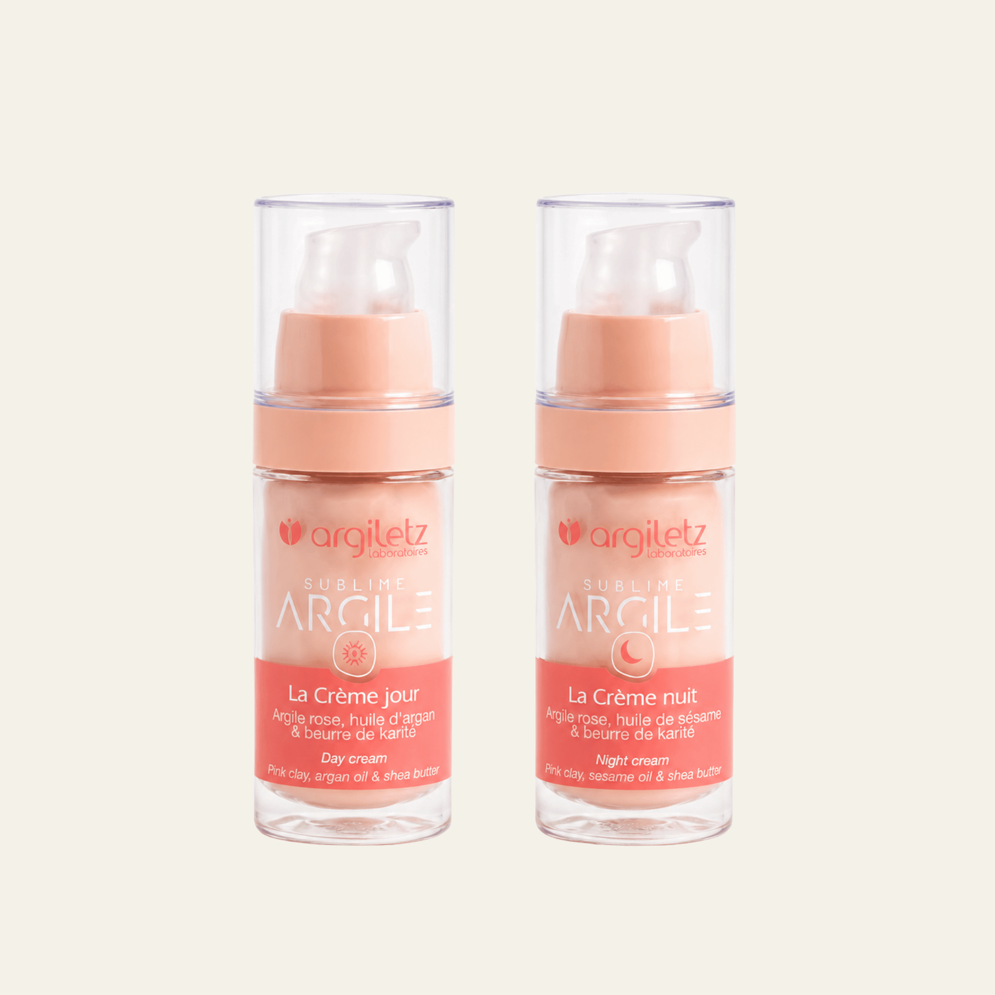 Crèmes visage Argiletz Sublime Argile rose 30 ml. Version jour argan & karité ou nuit sésame & karité, pour confort et éclat.