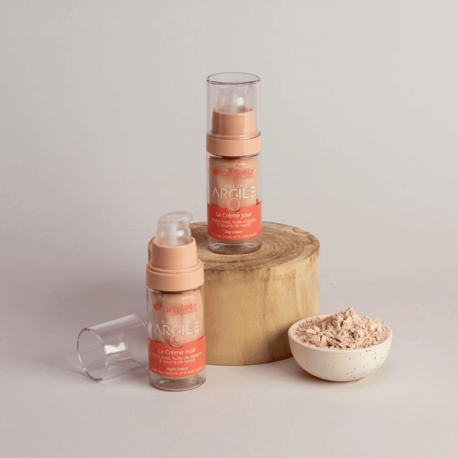 Crèmes visage Argiletz Sublime Argile rose 30 ml. Version jour argan & karité ou nuit sésame & karité, pour confort et éclat.