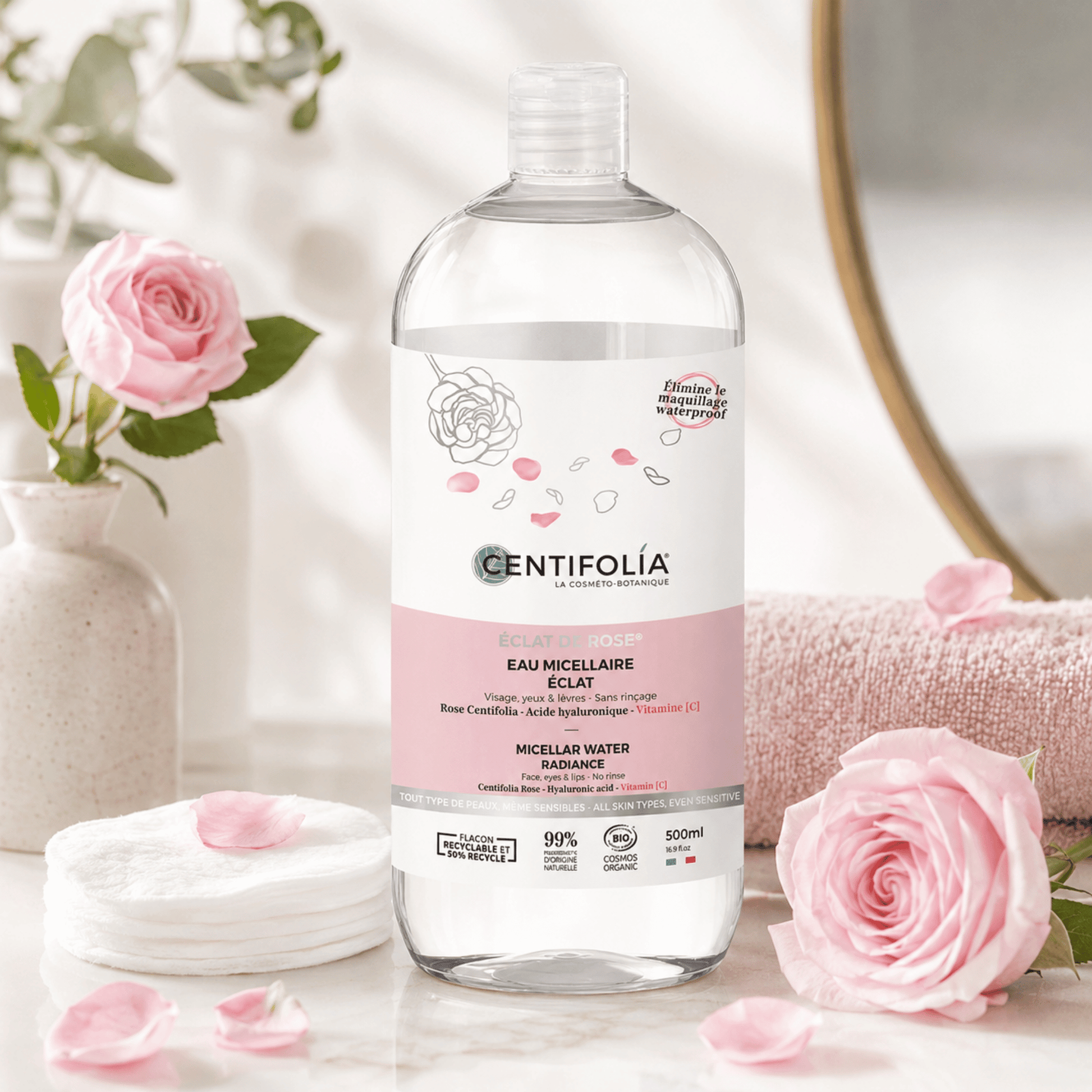 Eau micellaire Éclat de Rose Centifolia 500 ml à la rose bio, acide hyaluronique et vitamine C. Démaquille visage, yeux et lèvres.