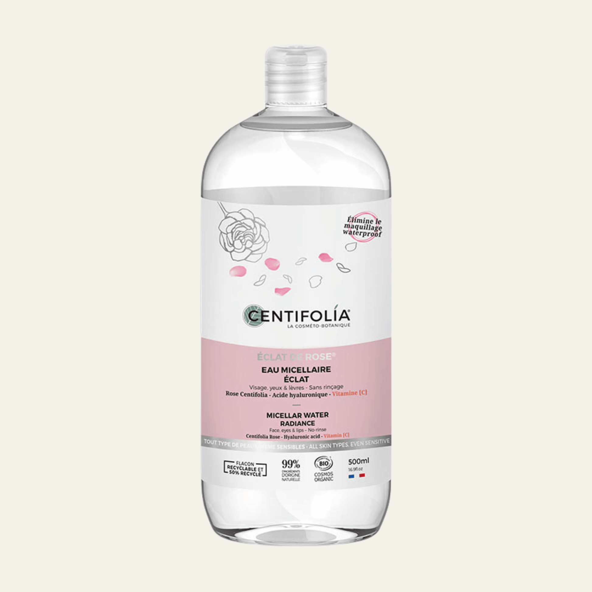 Eau micellaire Éclat de Rose Centifolia 500 ml à la rose bio, acide hyaluronique et vitamine C. Démaquille visage, yeux et lèvres.