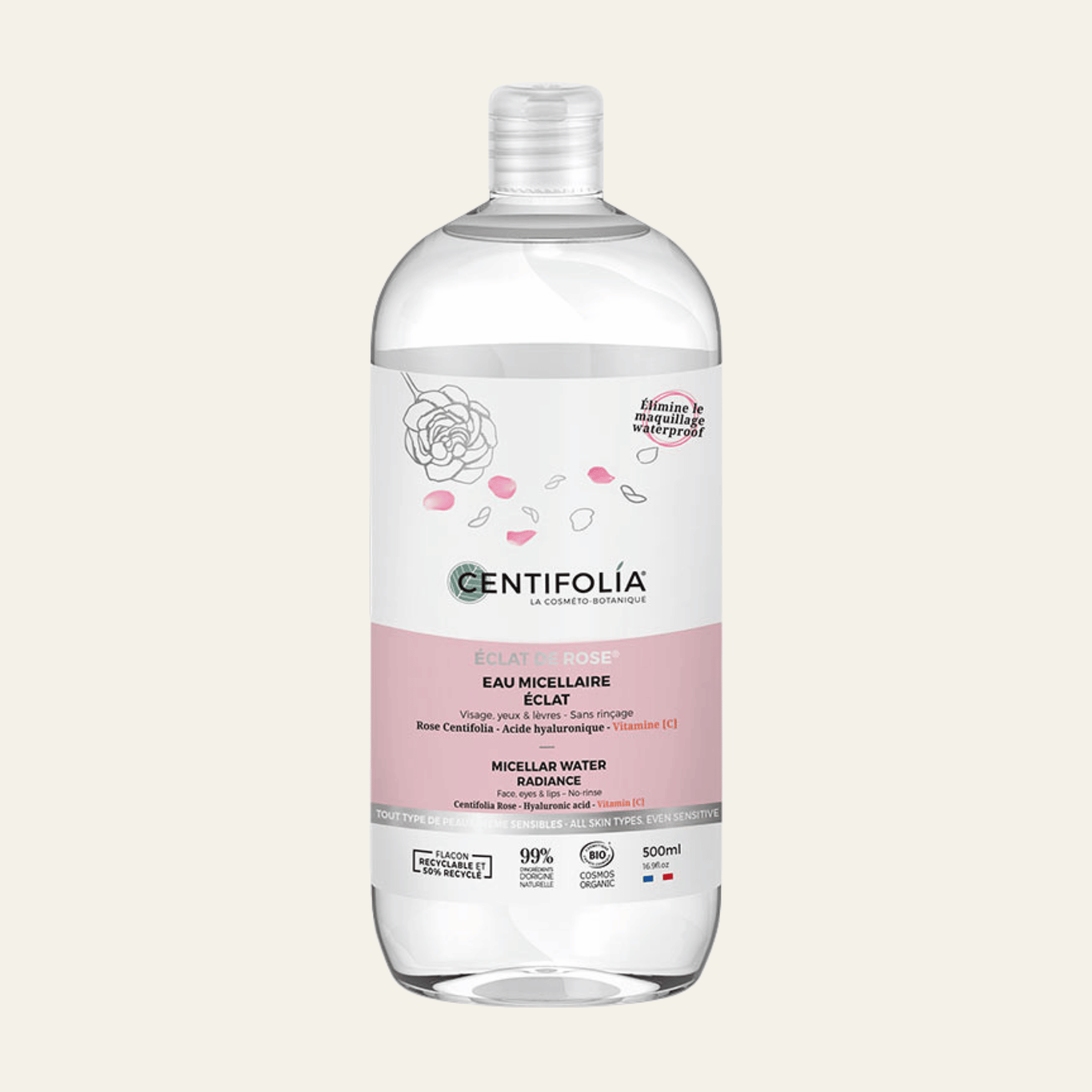 Eau micellaire Éclat de Rose Centifolia 500 ml à la rose bio, acide hyaluronique et vitamine C. Démaquille visage, yeux et lèvres.
