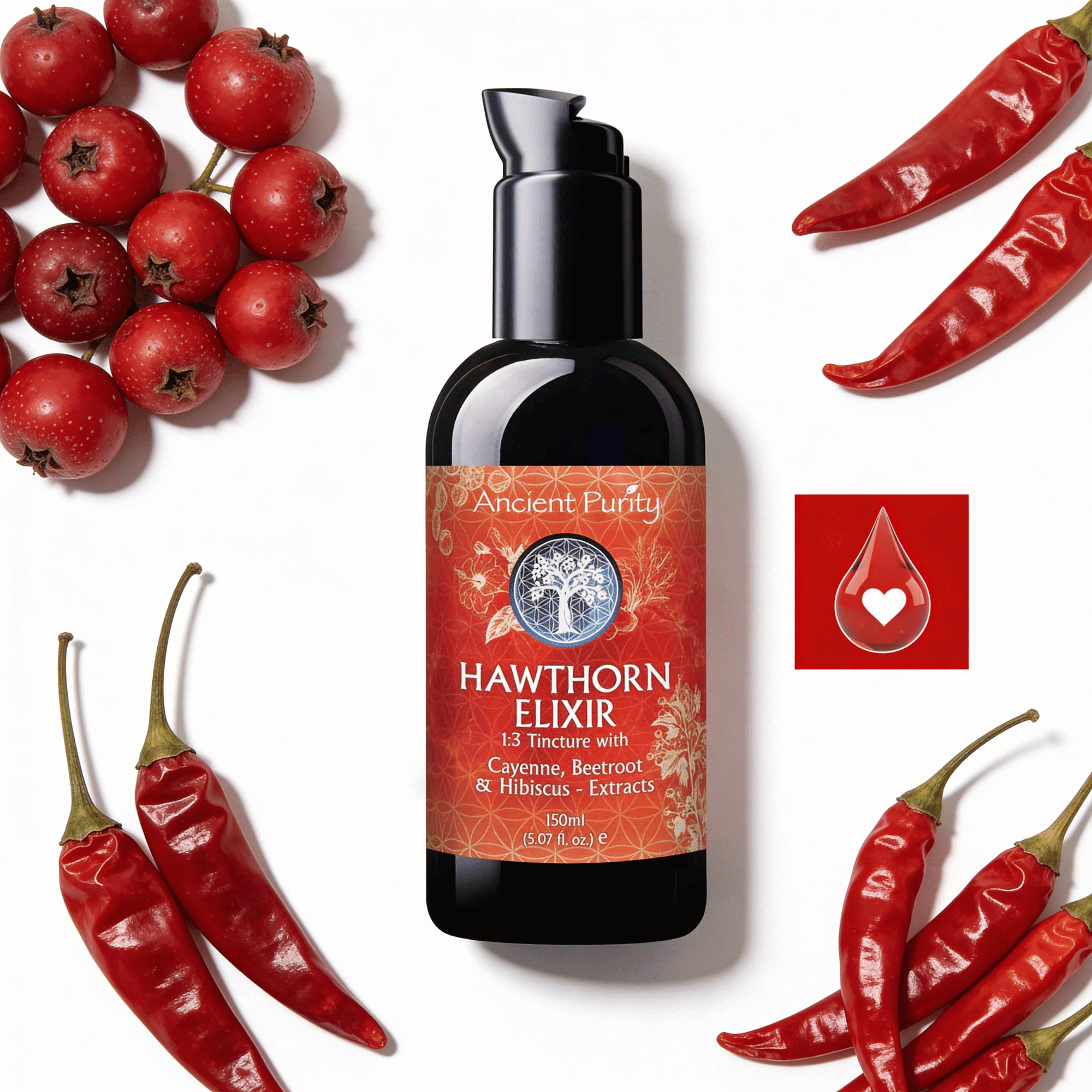 Élixir d’aubépine Ancient Purity 150 ml avec hibiscus, betterave et cayenne
