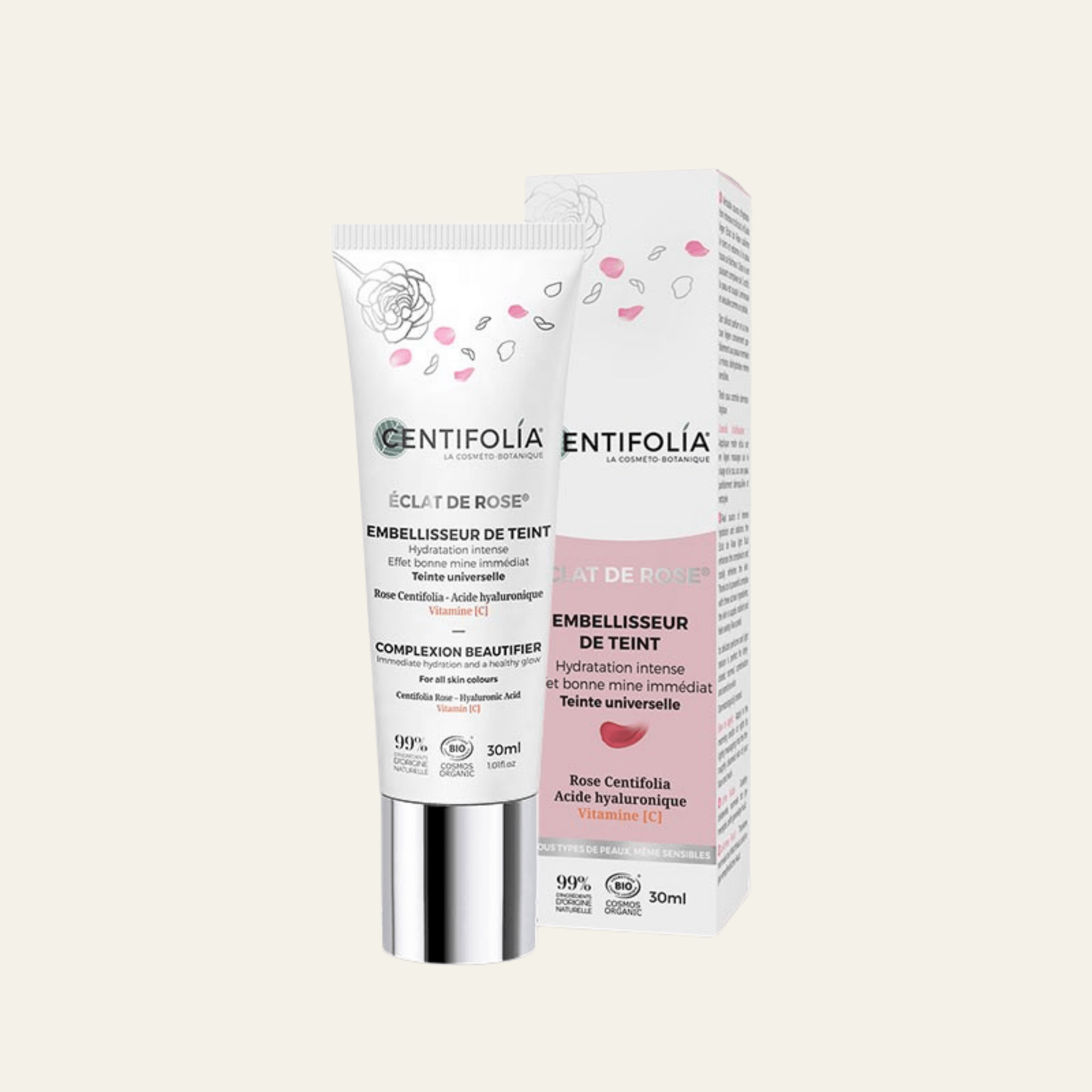 Embellisseur de teint Éclat de Rose Centifolia 30 ml. Soin teinté bio à la rose, acide hyaluronique et vitamine C pour un effet bonne mine.