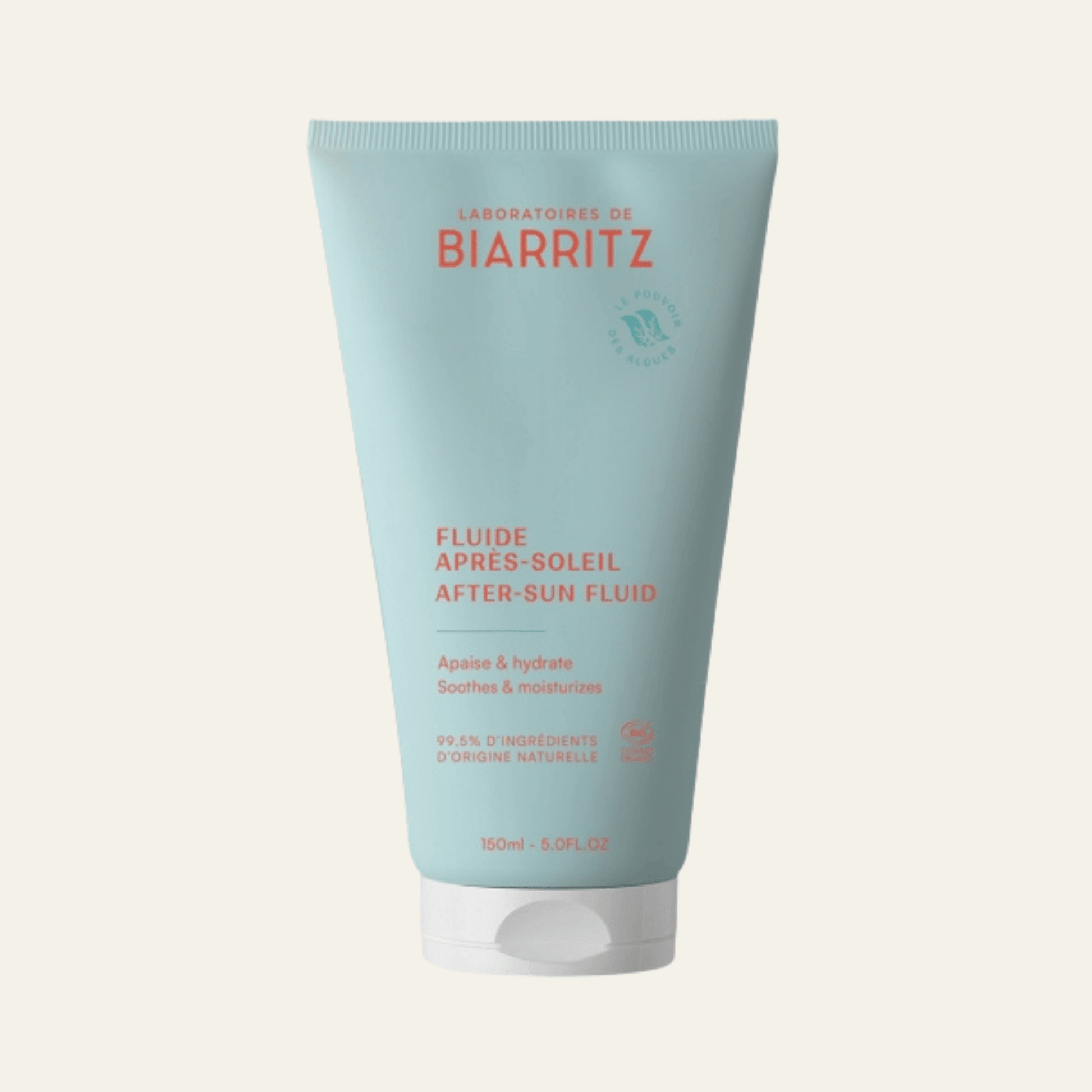 Fluide après-soleil bio Laboratoires de Biarritz 150 ml. Hydrate, apaise et rafraîchit la peau après l’exposition, visage et corps.