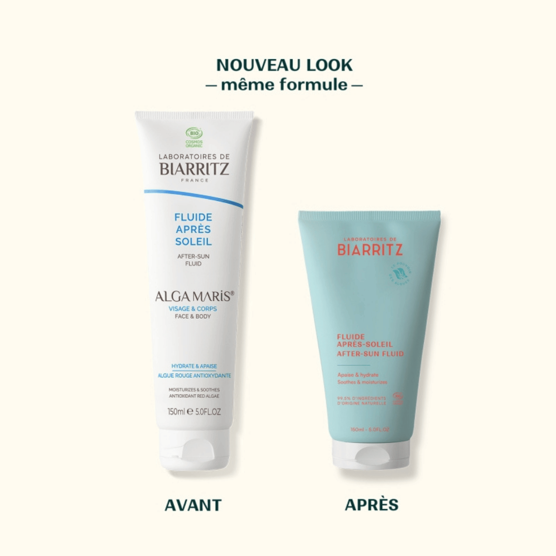 Fluide après-soleil bio Laboratoires de Biarritz 150 ml. Hydrate, apaise et rafraîchit la peau après l’exposition, visage et corps.